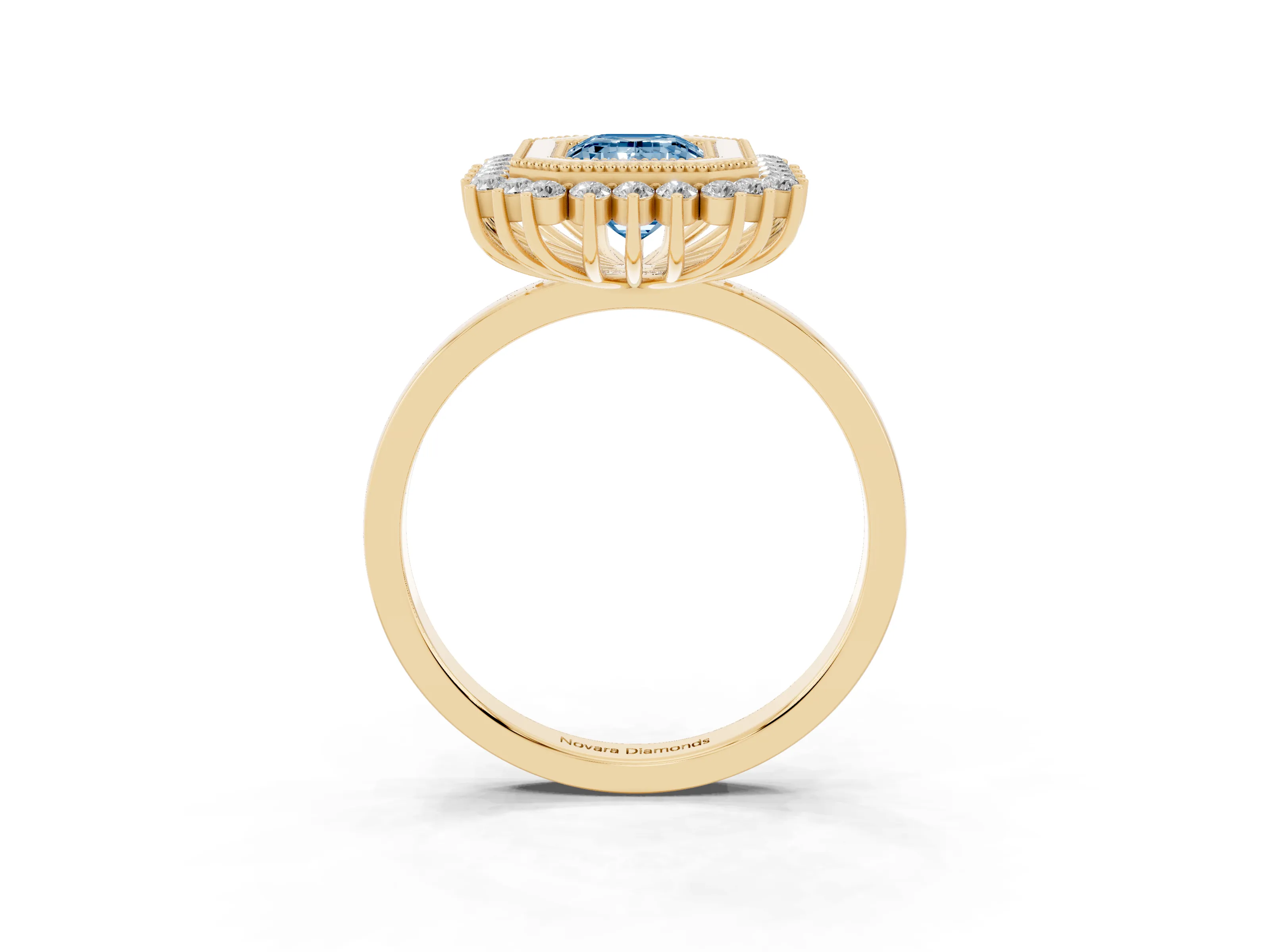 Fancy Blue Emerald Cut Diamond Halo Ring Set in Yellow gold with Milgrain Edge and Round Prong Setting