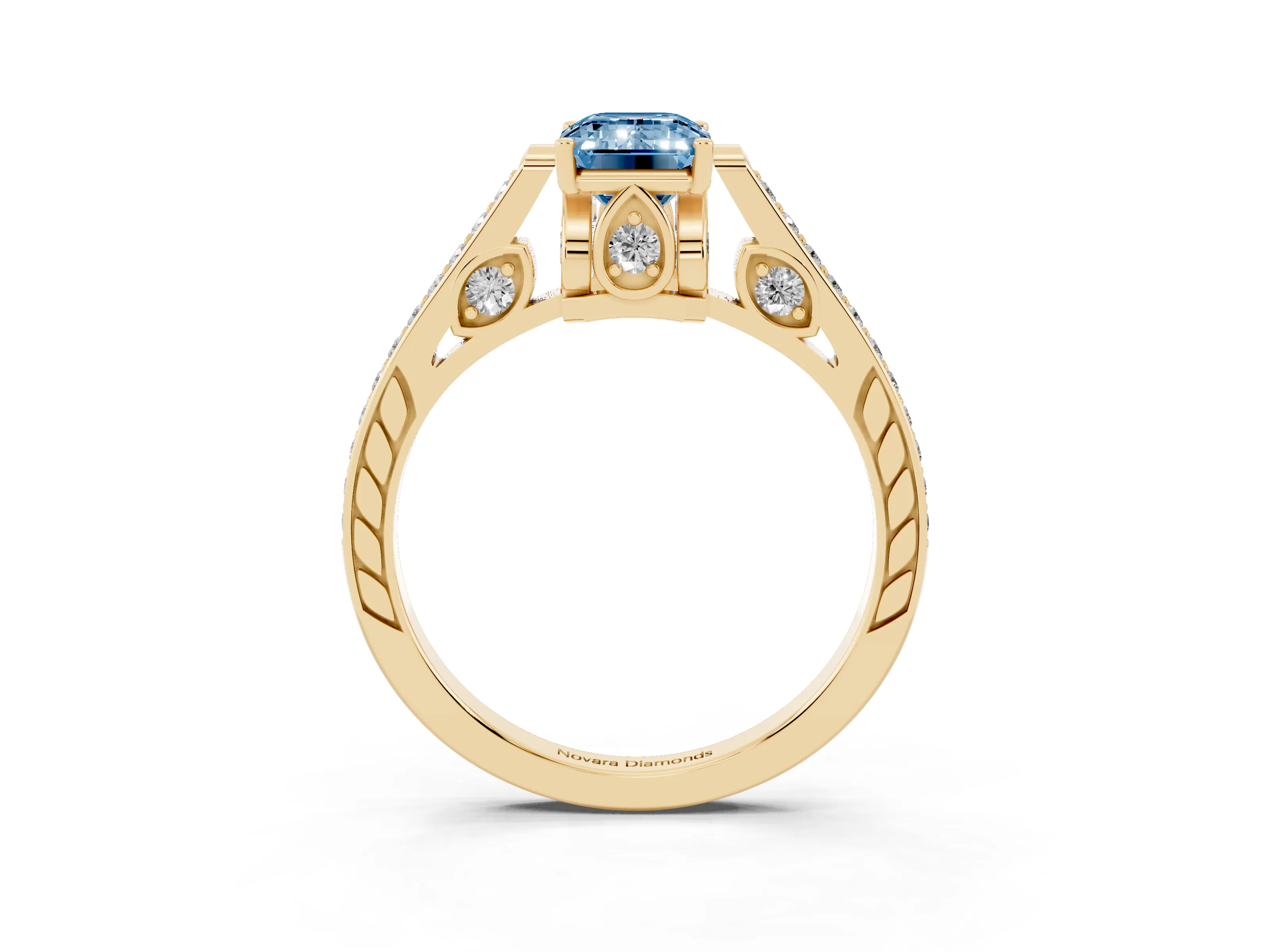 Fancy Blue Emerald Cut Diamond Cathedral Pavé Engagement Ring Set in Yellow gold with Prong Setting