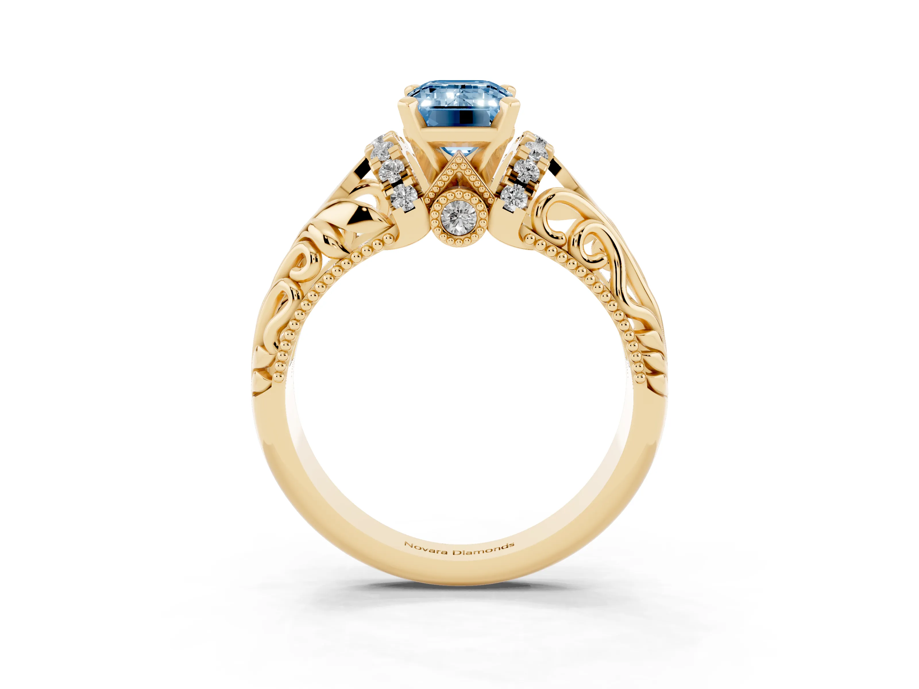 Fancy Blue Emerald Cut Diamond Filigree Halo Engagement Ring Set in Yellow gold with Prong Setting
