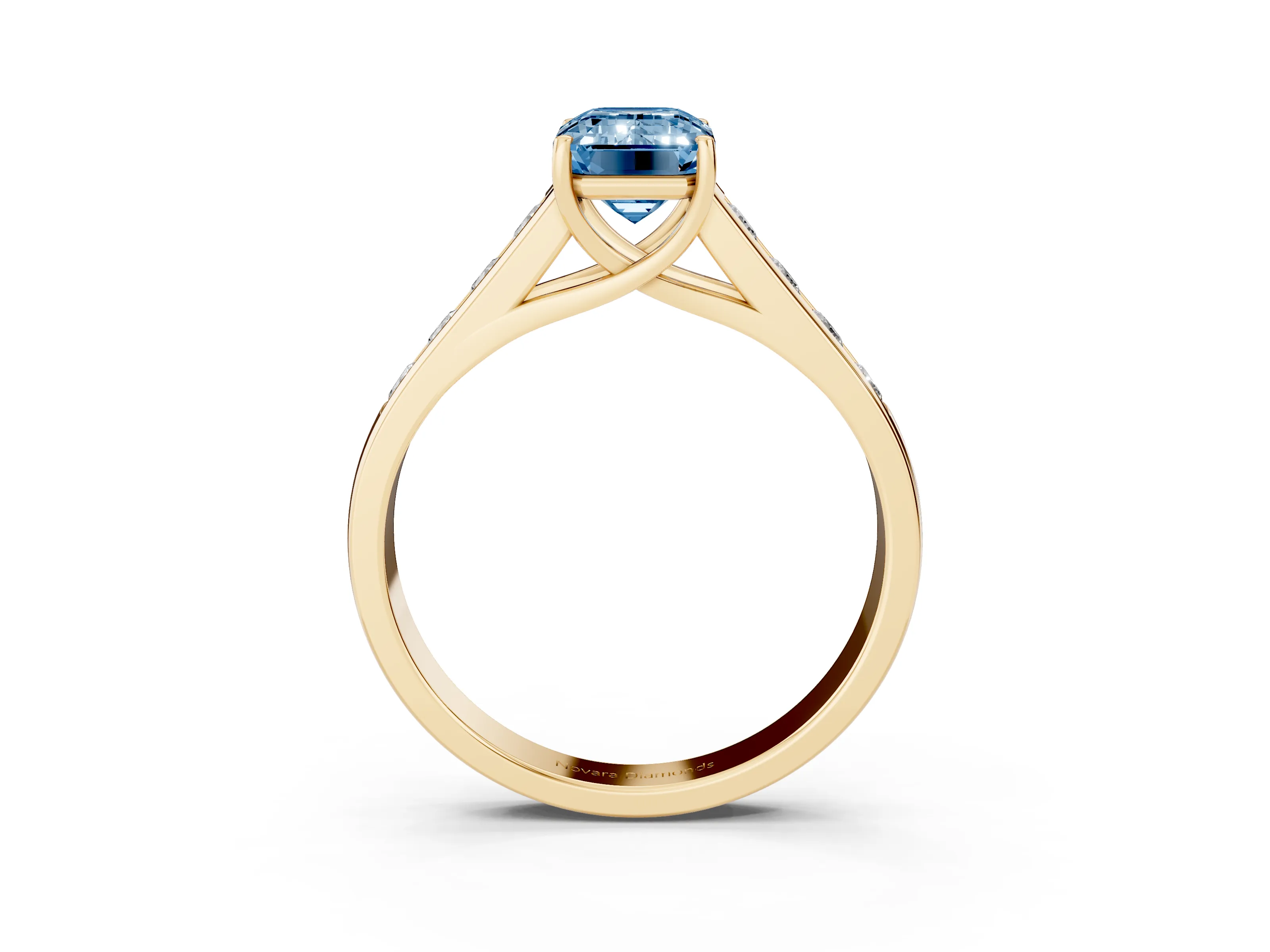 Fancy Blue Emerald Cut Diamond Brilliant Channel-Set Solitaire Ring Set in Yellow gold with Prong Setting