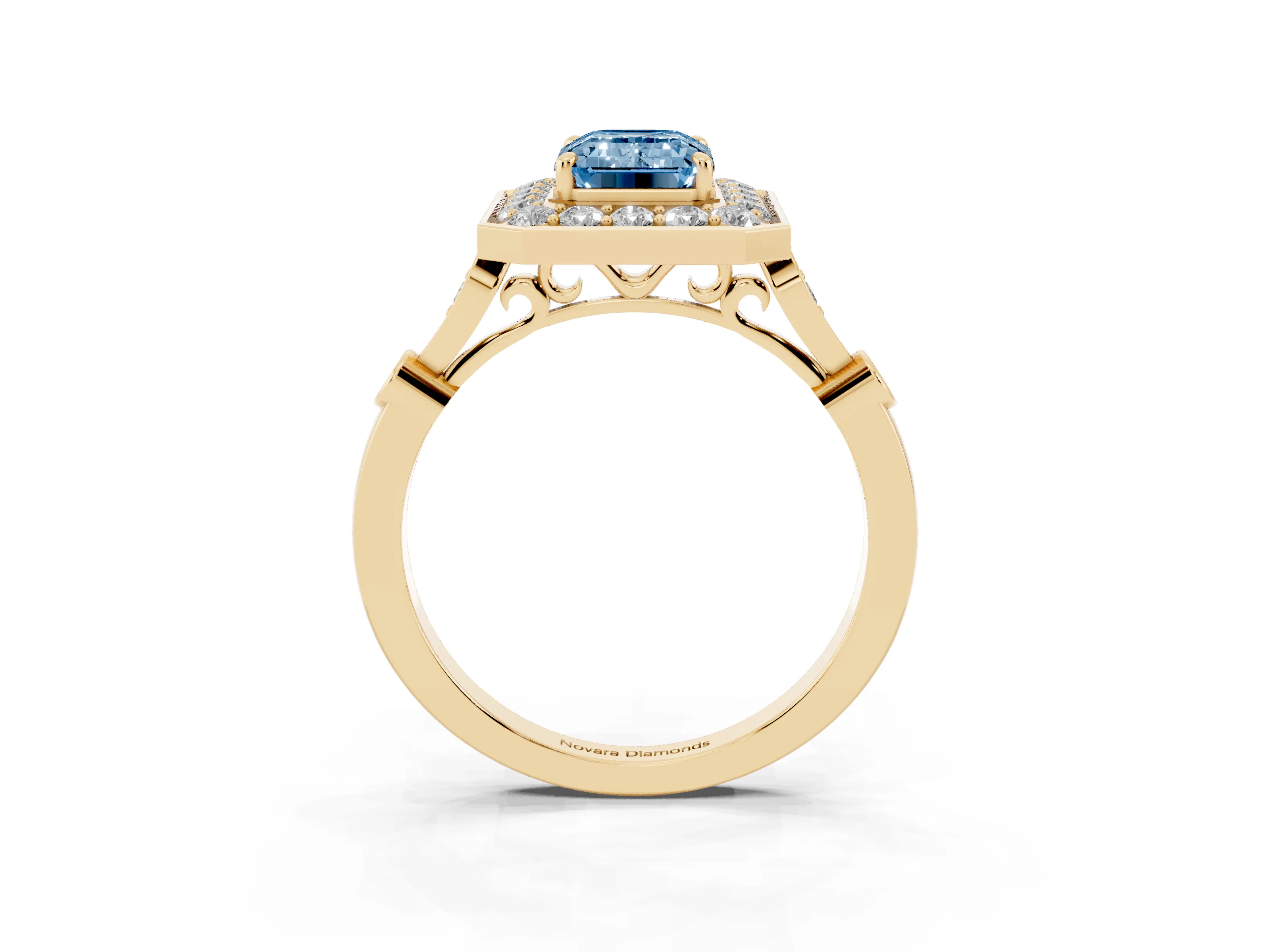 Fancy Blue Emerald Cut Diamond Halo Engagement Ring Set in Yellow gold with Twisted Band and Prong Setting