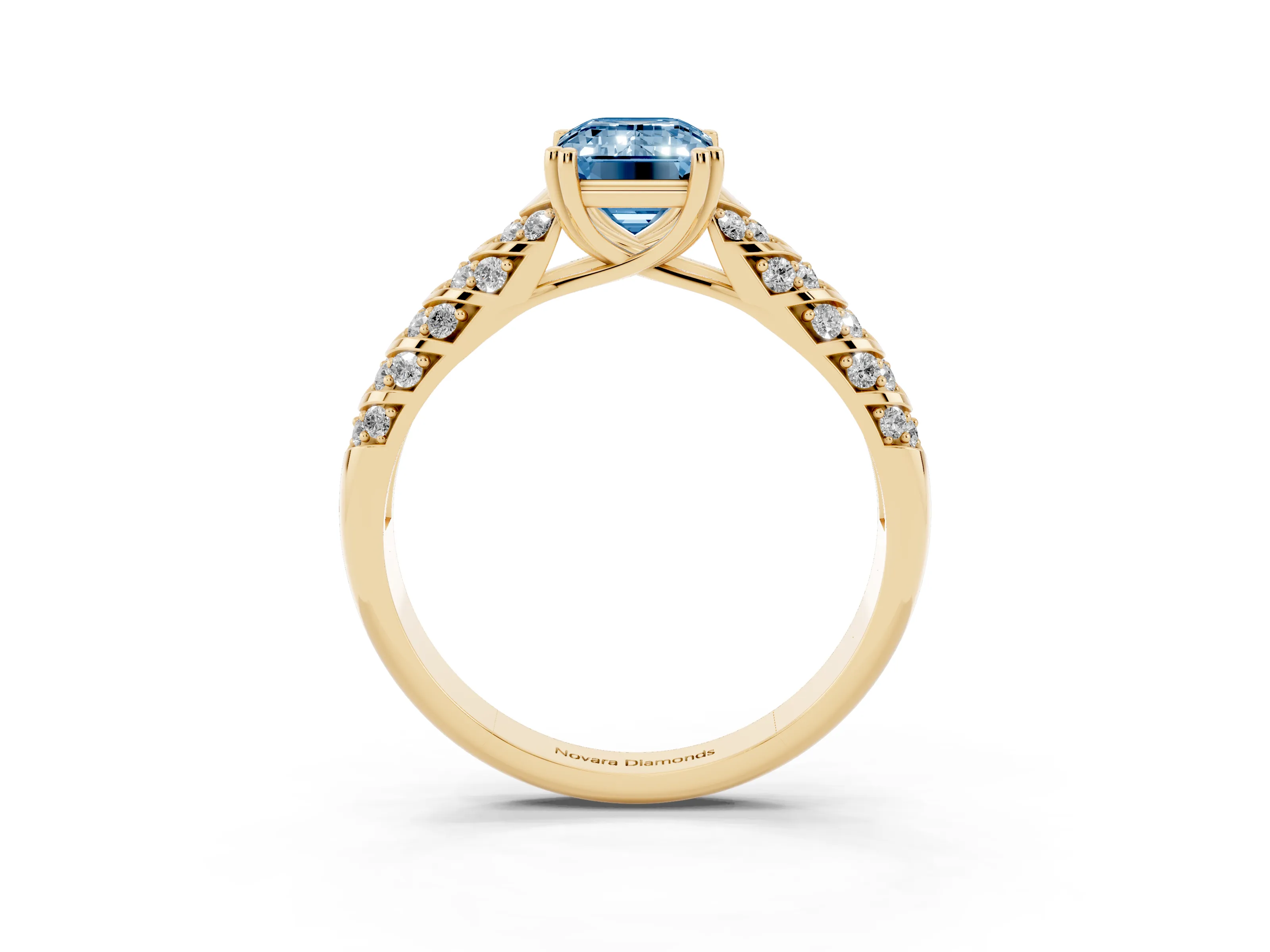 Fancy Blue Emerald Cut Diamond Solitaire Chevron Pavé Engagement Ring Set in Yellow gold with Prong Setting