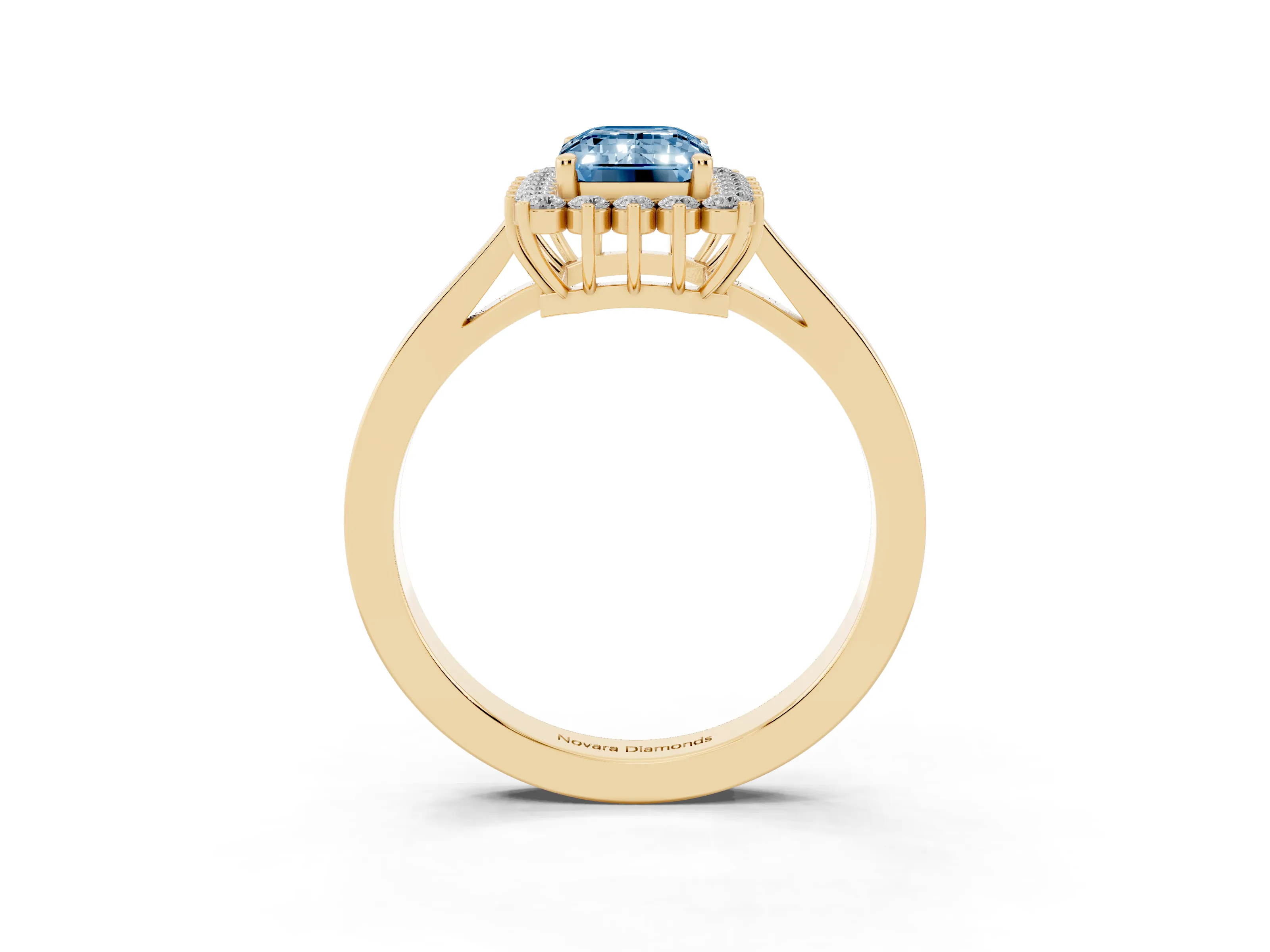 Fancy Blue Emerald Cut Diamond Halo Ring Set in Yellow gold with Round Halo and Smooth Solitaire Band