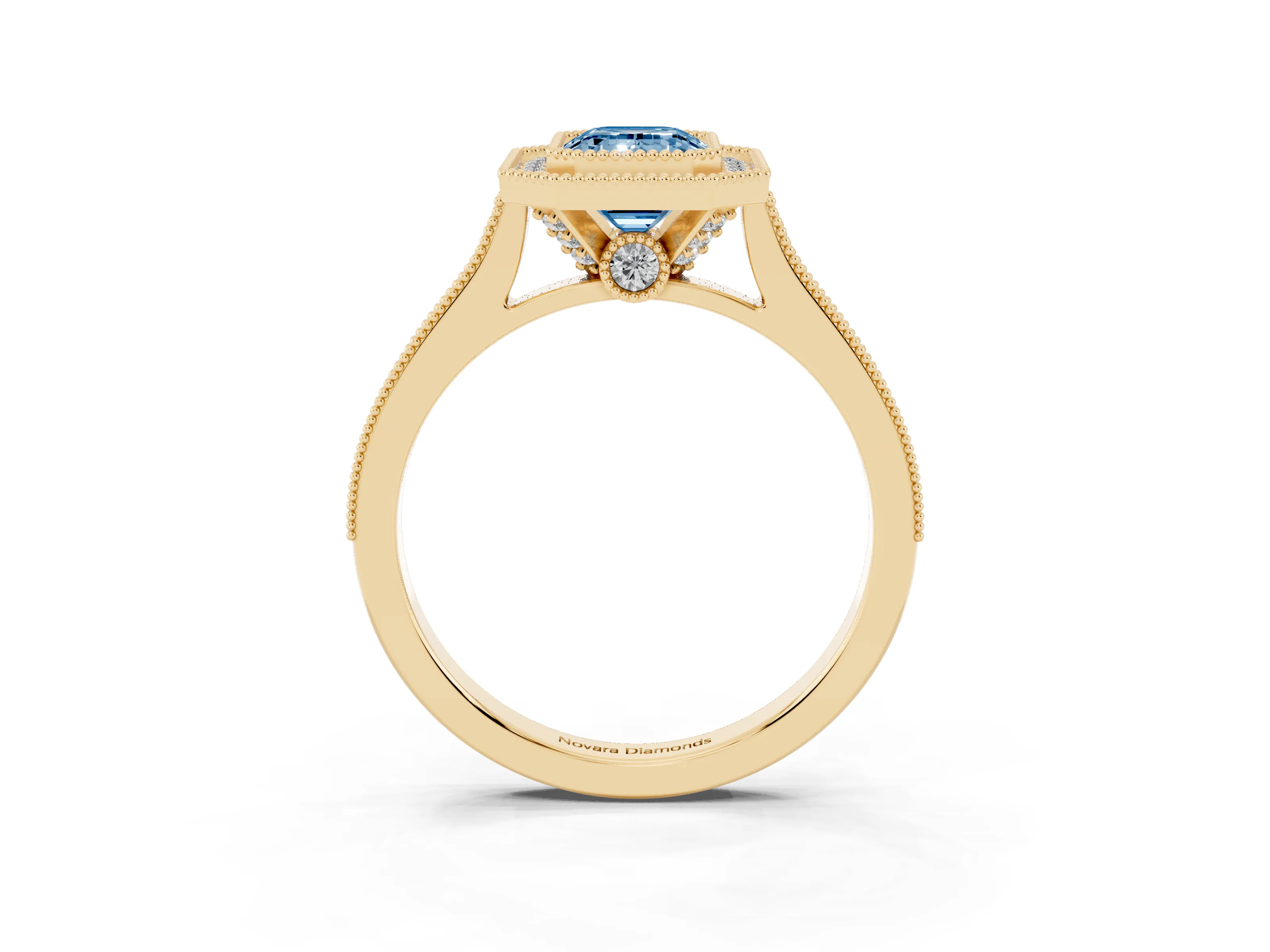 Fancy Blue Emerald Cut Diamond Halo Milgrain Pavé Band Ring Set in Yellow gold with Prong Setting