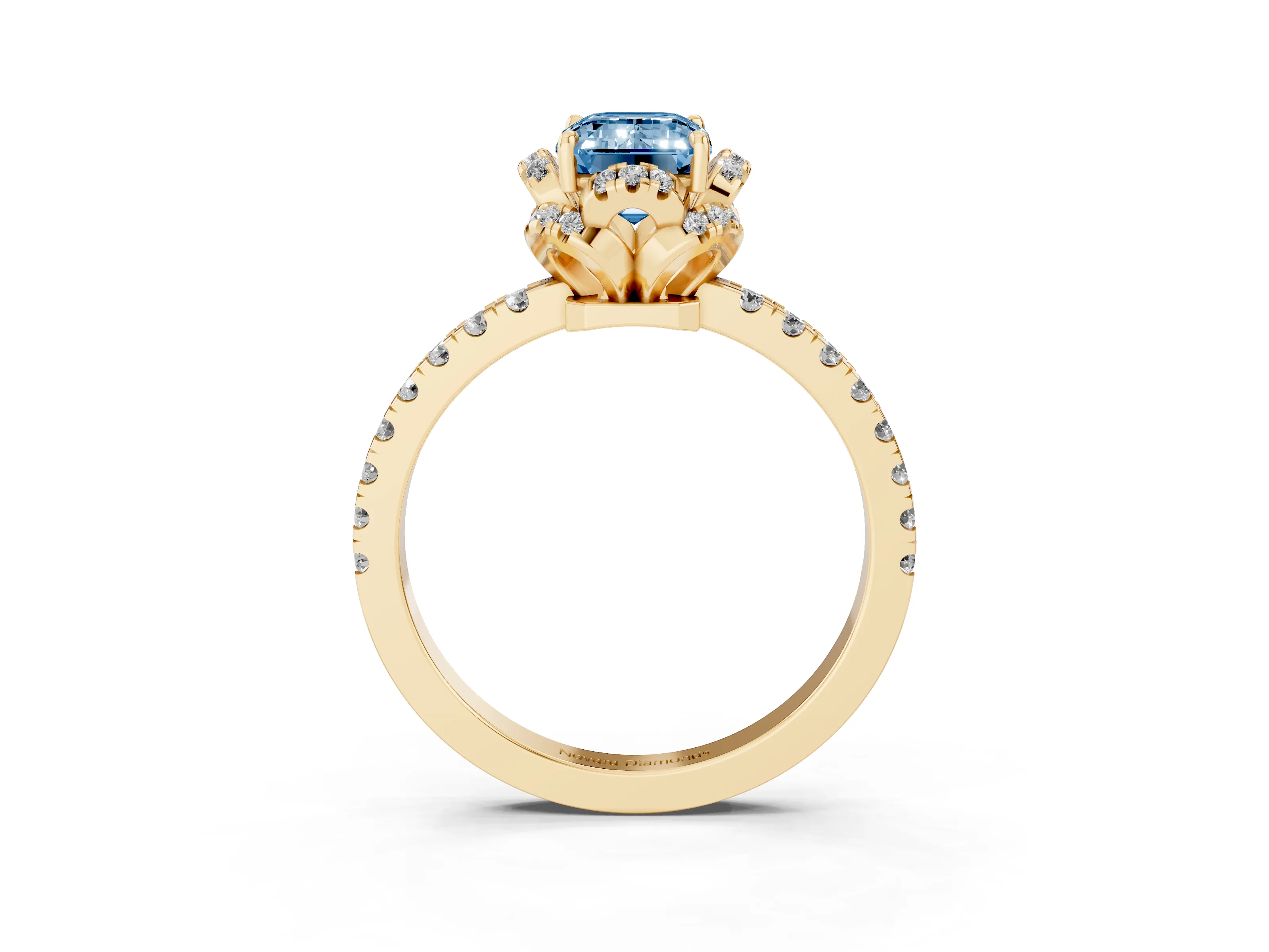 Fancy Blue Emerald Cut Diamond Halo Pavé Band Ring Set in Yellow gold with Prong-Held Center