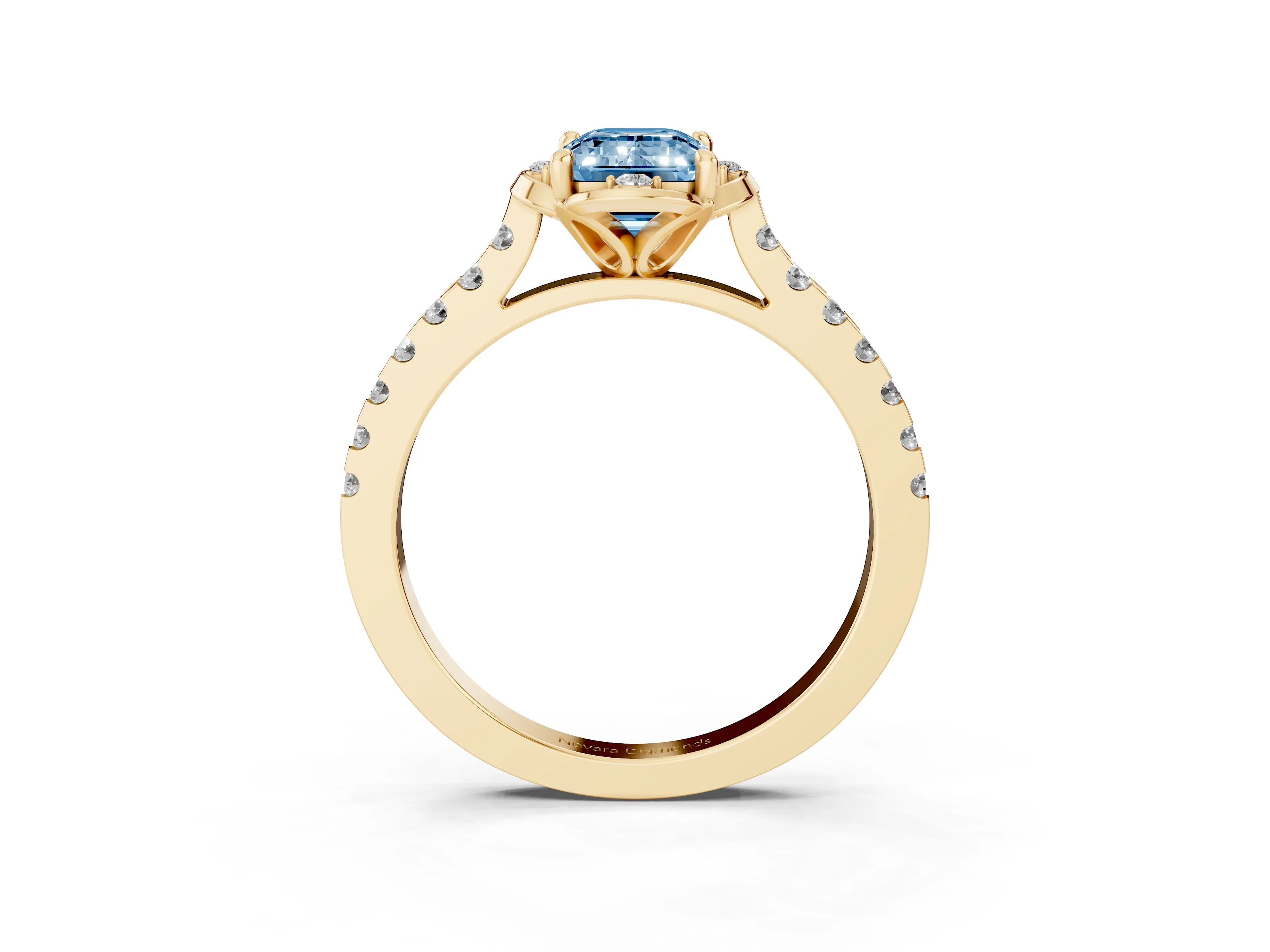 Fancy Blue Emerald Cut Diamond Solitaire Ring Set in Yellow gold with Pavé Band and Floral Prong Setting