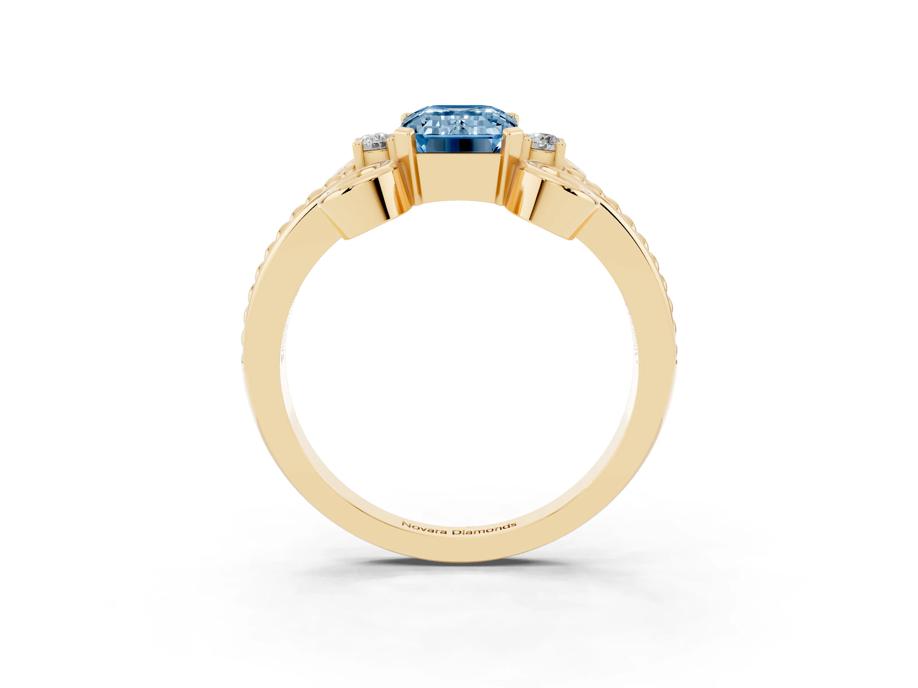 Fancy Blue Emerald Cut Diamond Twisted Band Solitaire Ring Set in Yellow gold with Scroll Prongs