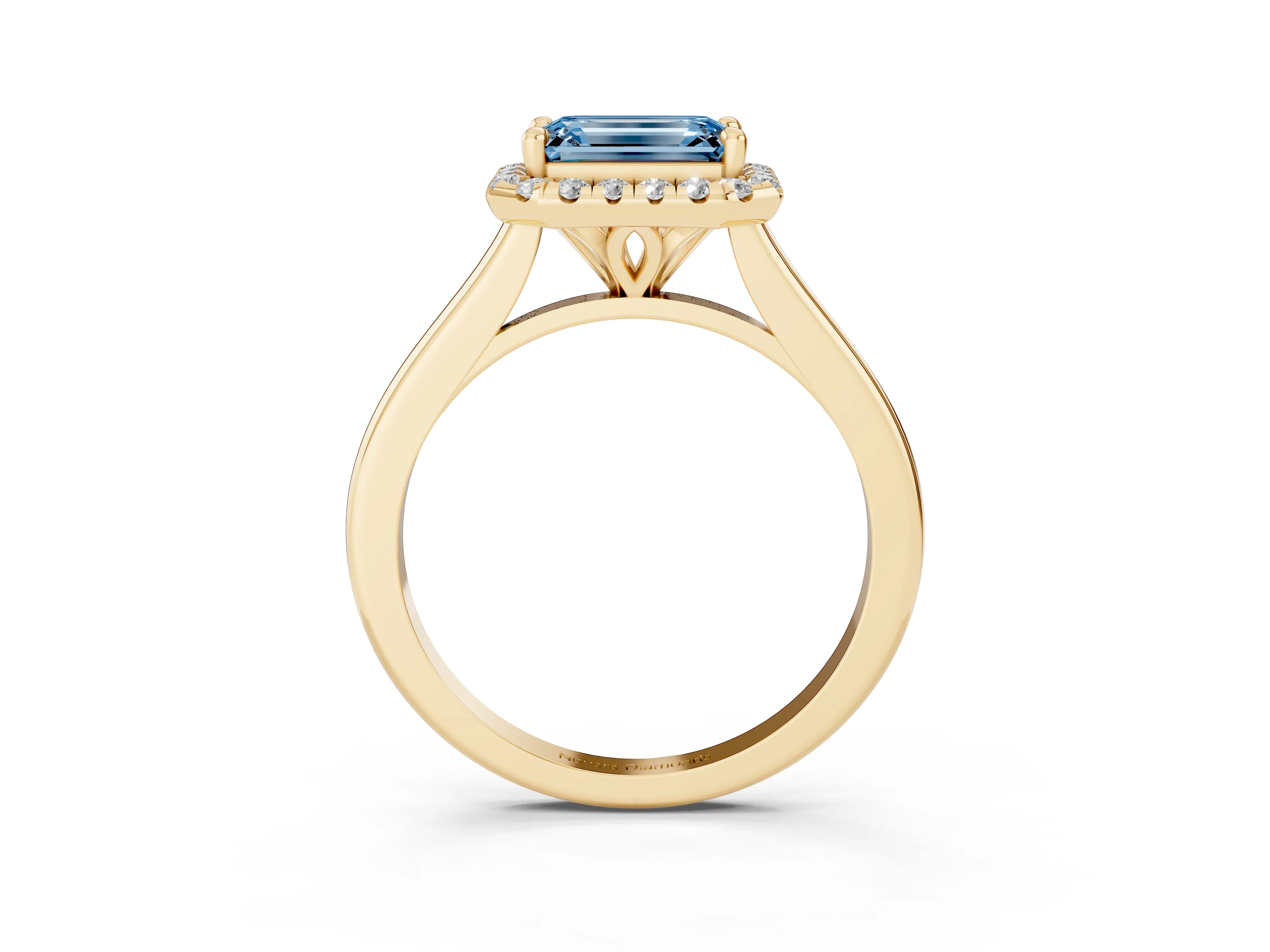 Fancy Blue Emerald Cut Diamond Halo Engagement Ring Set in Yellow gold with Pavé Band and Rising Shoulders