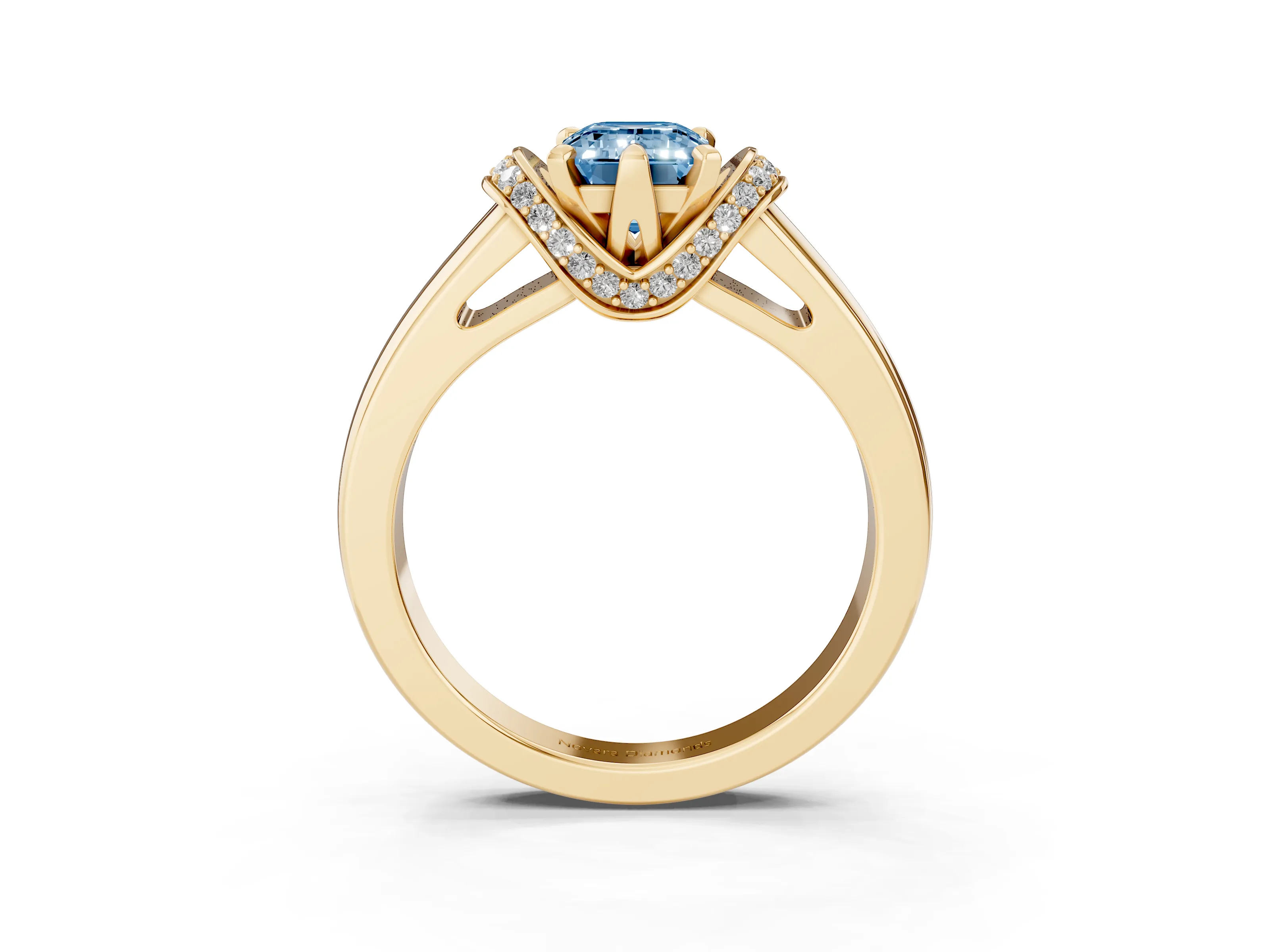 Fancy Blue Emerald Cut Diamond Pavé Band Solitaire Ring Set in Yellow gold with Prong Setting