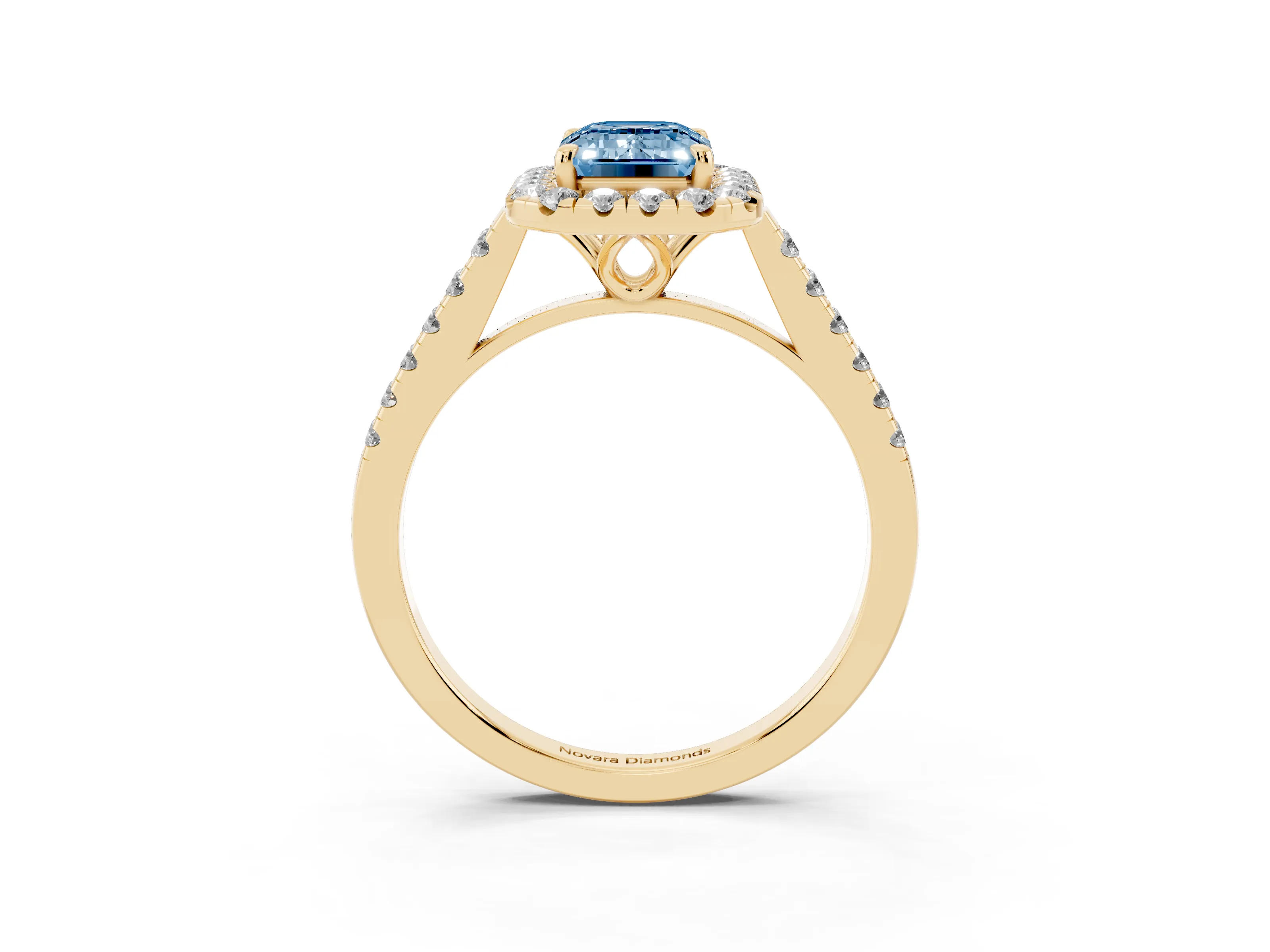 Fancy Blue Emerald Cut Diamond Pavé Halo Engagement Ring Set in Yellow gold with Pavé Band and Prong Setting
