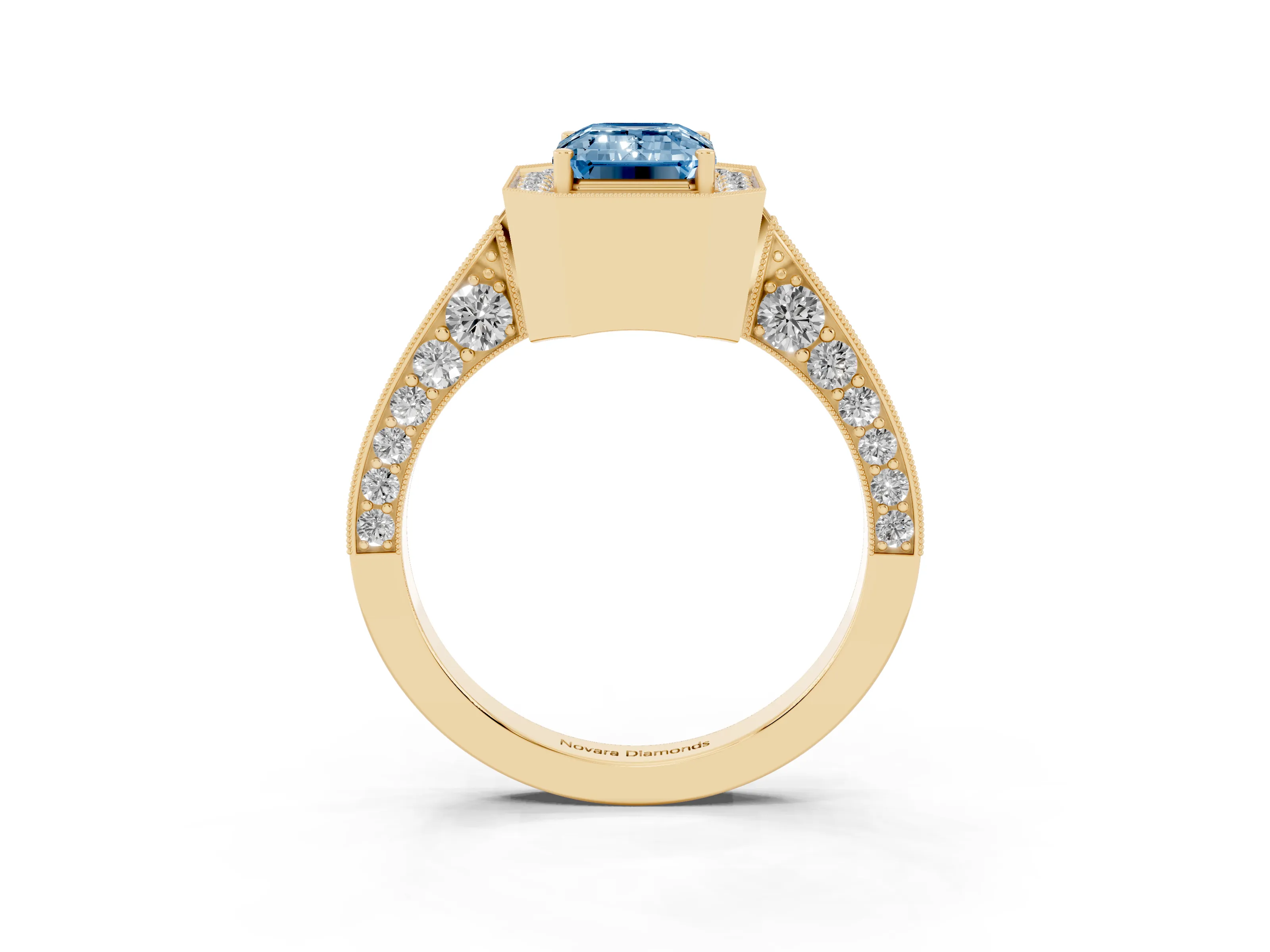 Fancy Blue Emerald Cut Diamond Halo Engagement Ring Set in Yellow gold with Accent Split Shank Band