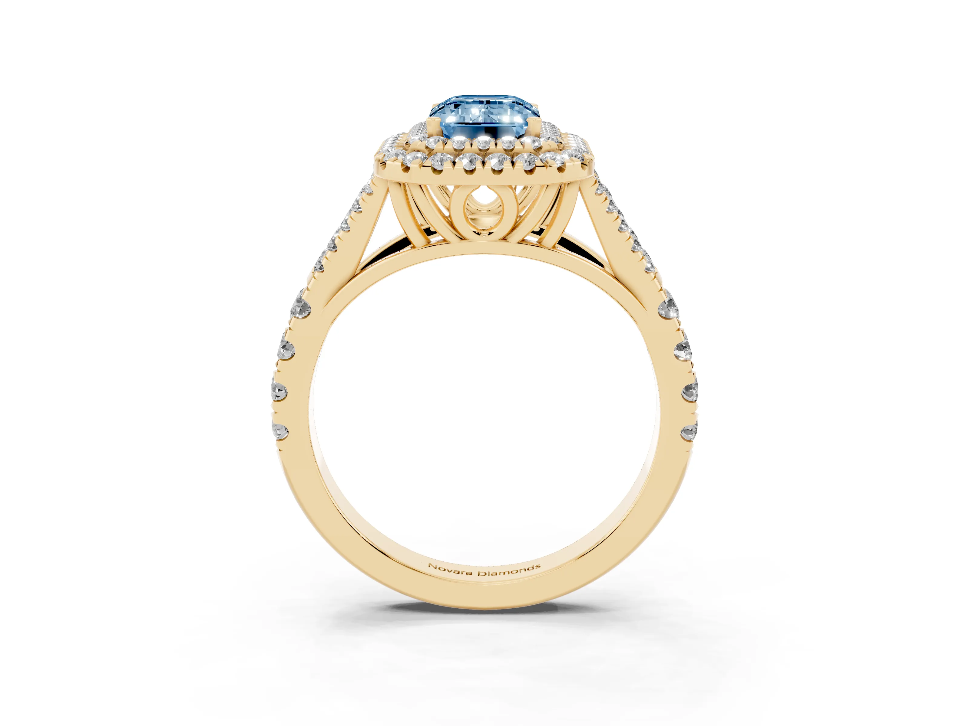 Fancy Blue Emerald Cut Diamond Pavé Split Shank Double Halo Engagement Ring Set in Yellow gold