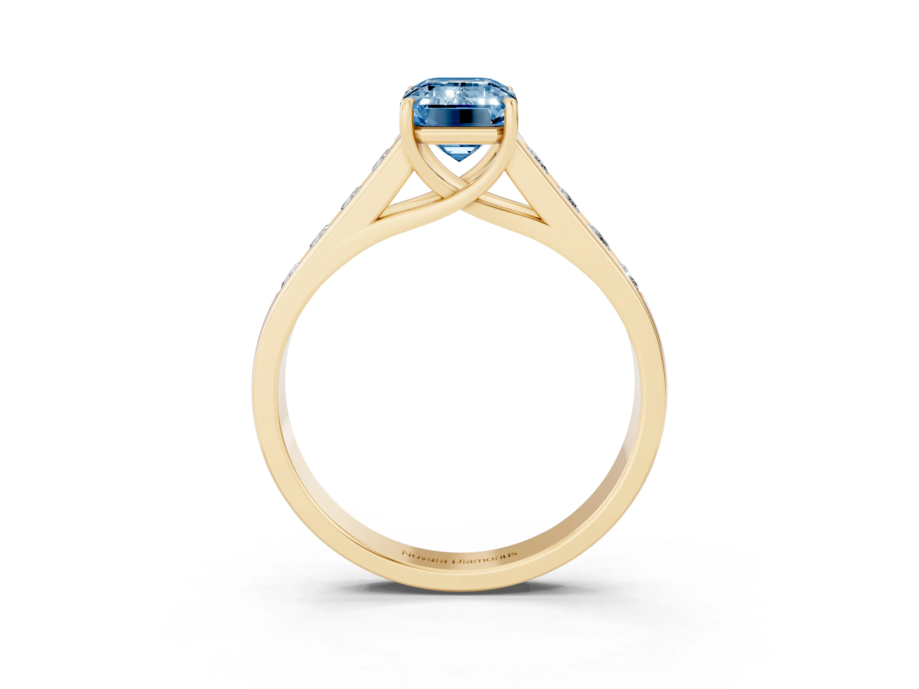 Fancy Blue Emerald Cut Diamond Solitaire Channel-Set Engagement Ring Set in Yellow gold with Prong Setting