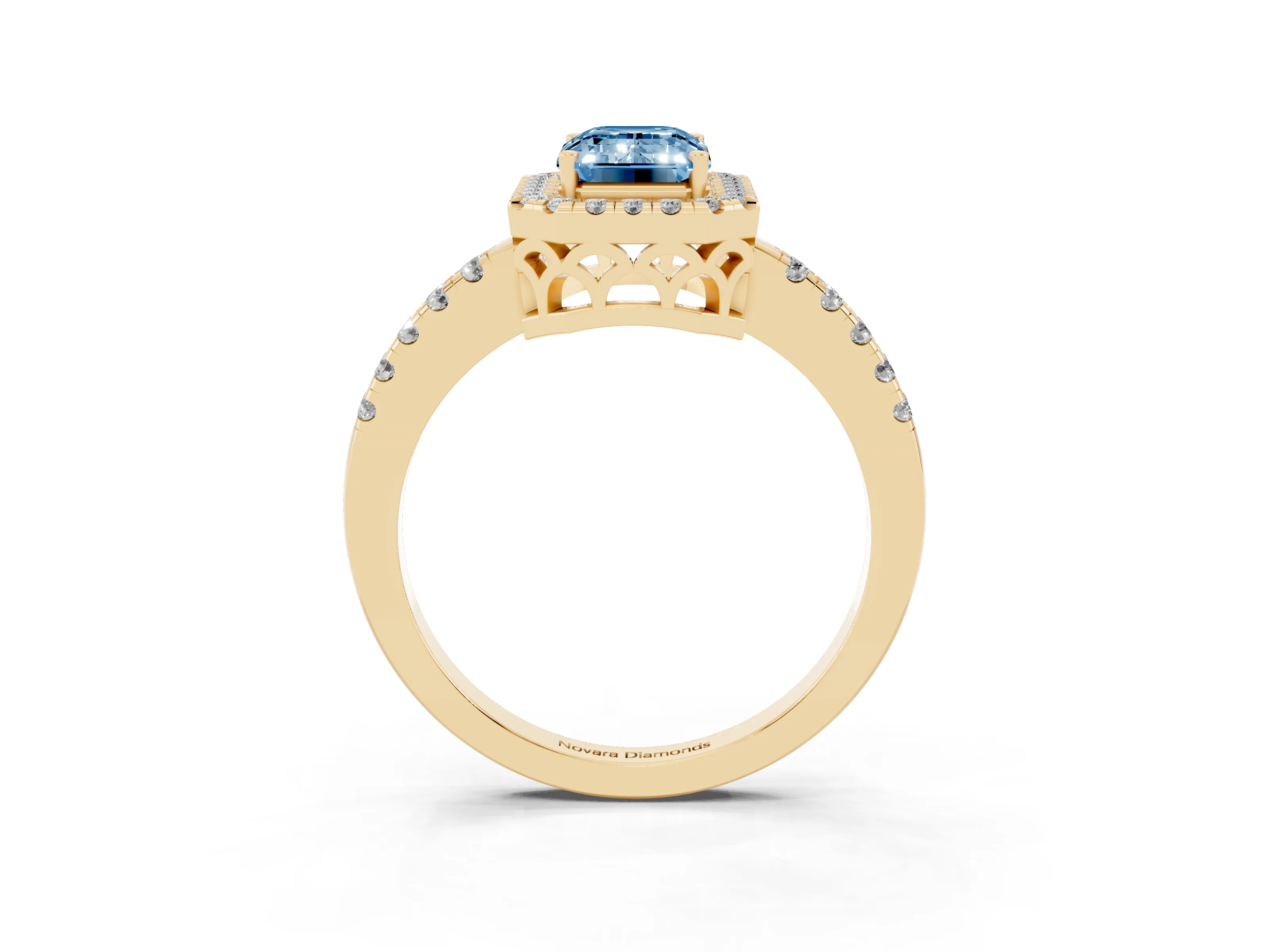 Fancy Blue Emerald Cut Diamond Pavé Band Halo Engagement Ring Set in Yellow gold with Prong Setting
