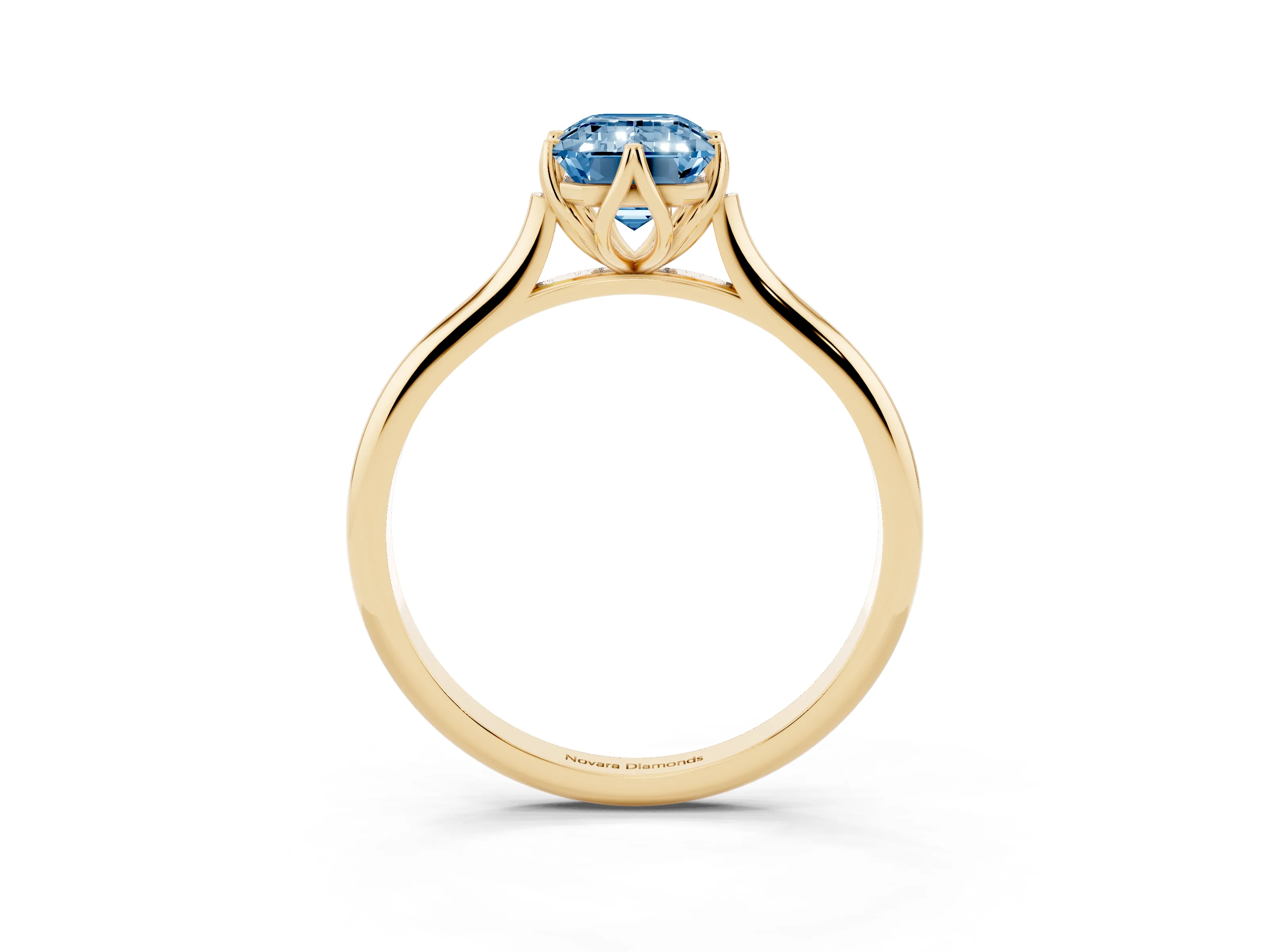 Fancy Blue Emerald Cut Diamond Solitaire Cathedral Ring Set in Yellow gold with Prong Setting