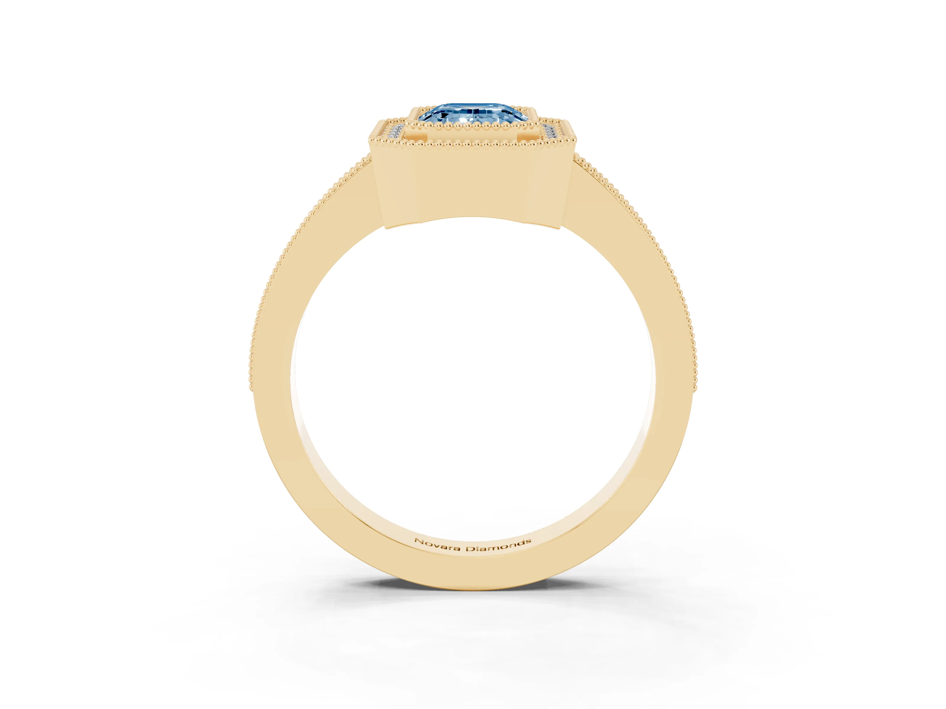 Fancy Blue Emerald Cut Diamond Halo Engagement Ring Set in Yellow gold with Pavé Band and Round Halo Stones