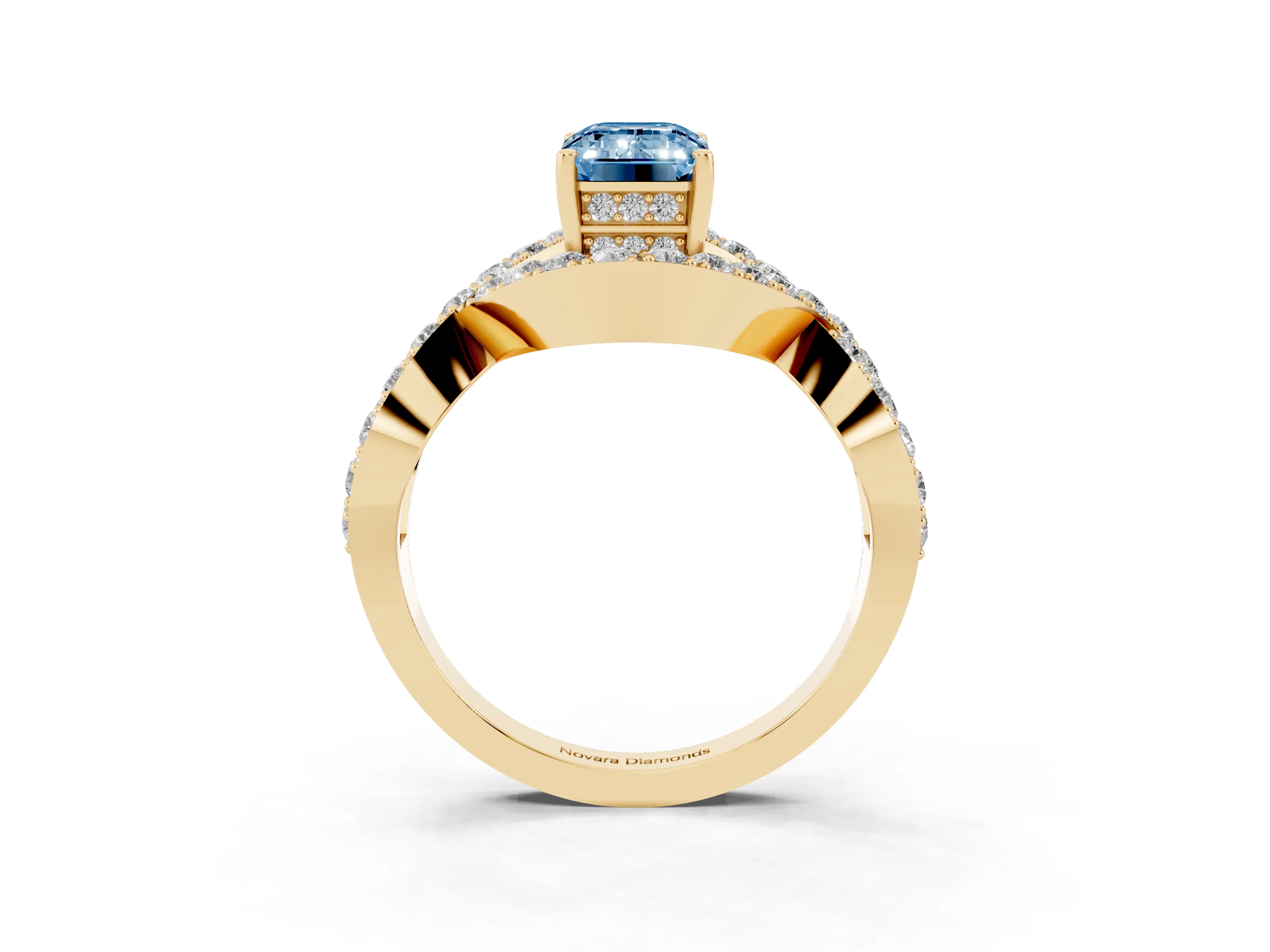 Fancy Blue Emerald Cut Diamond Solitaire Twist Band Pavé Engagement Ring Set in Yellow gold