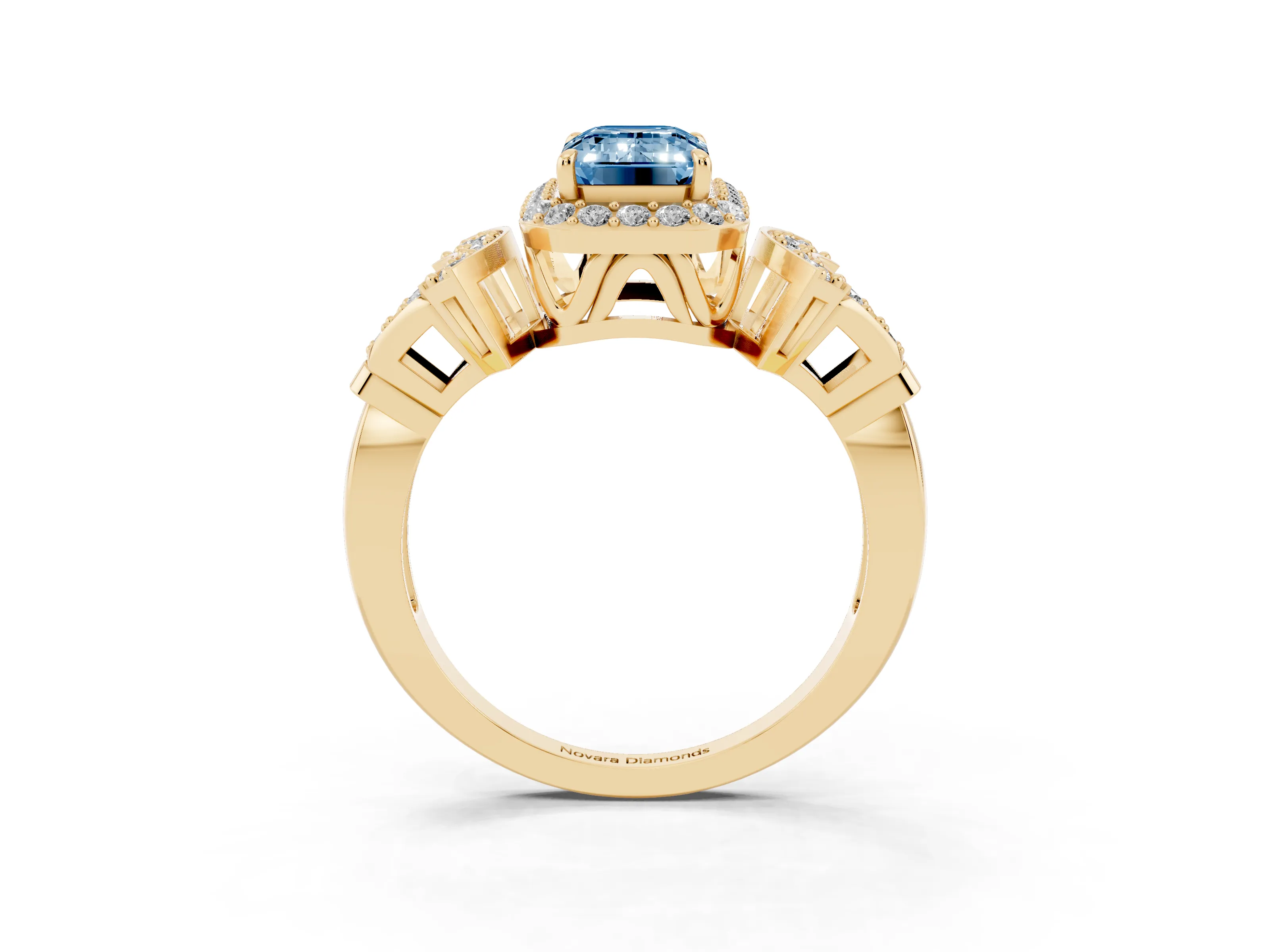 Fancy Blue Emerald Cut Diamond Halo Engagement Ring Set in Yellow gold with Accent Stone Split Shank