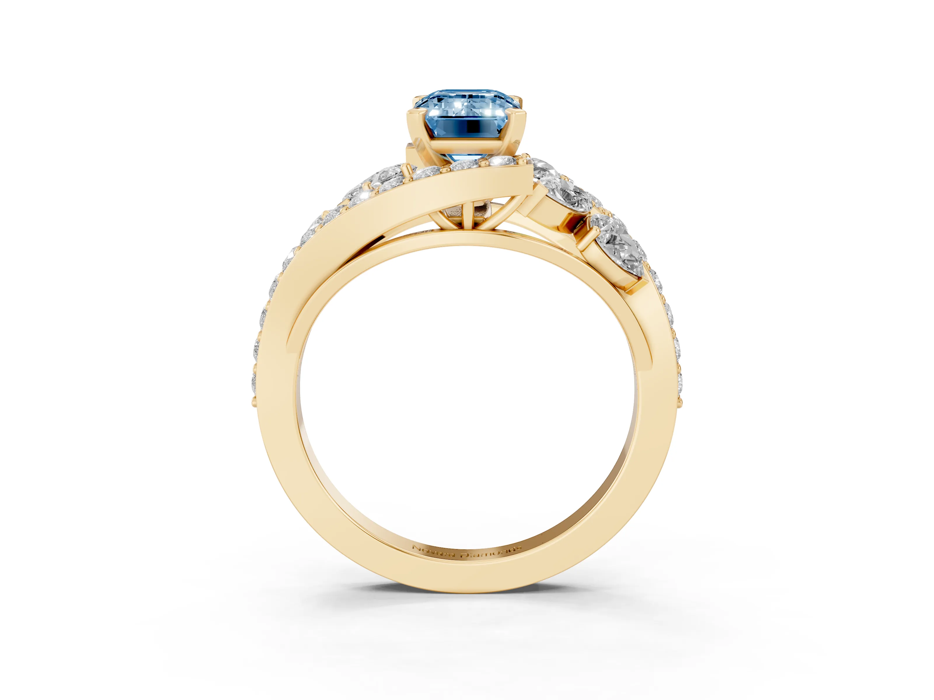 Fancy Blue Emerald Cut Diamond Halo Ring Set in Yellow gold with Marquise and Pavé Band in Prong Setting