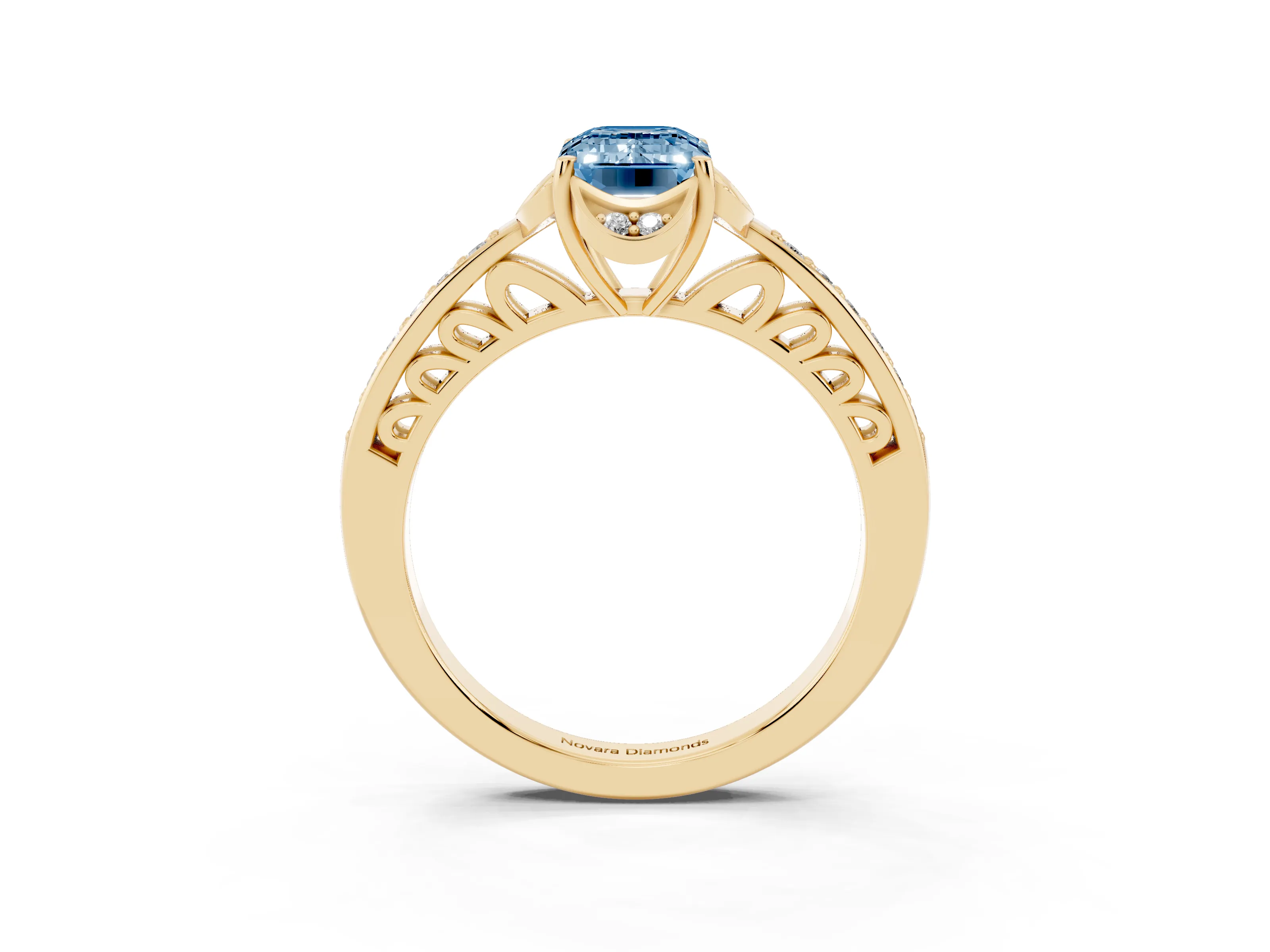 Fancy Blue Emerald Cut Diamond Halo Ring Set in Yellow gold with Channel Set Band and Prong Setting