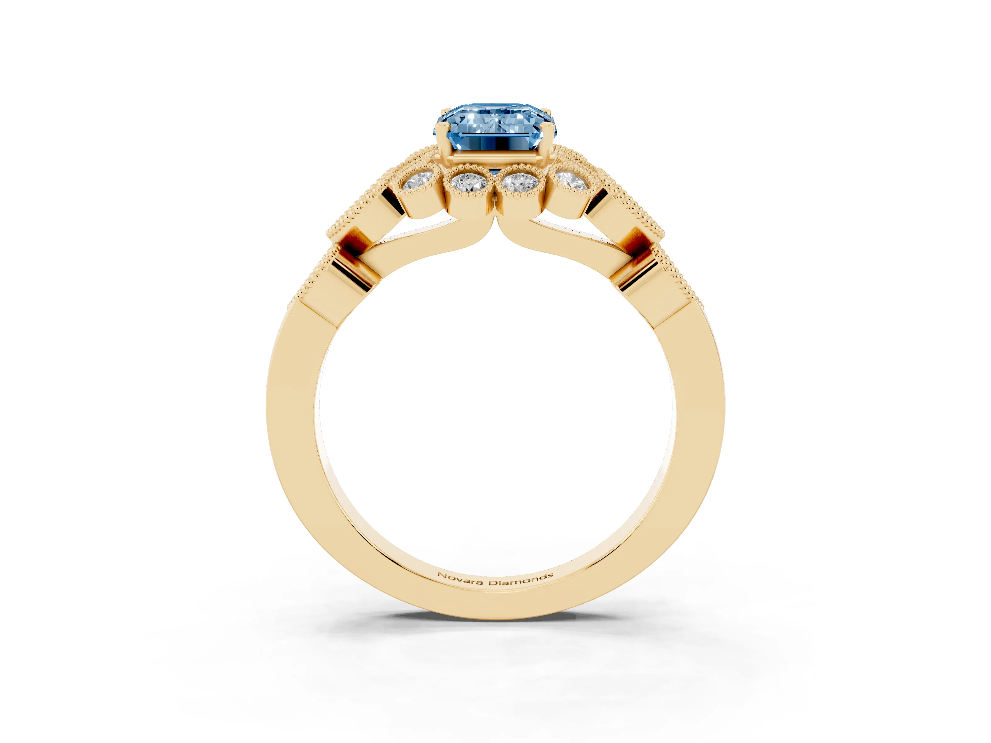 Fancy Blue Emerald Cut Diamond Solitaire Ring Set in Yellow gold with Milgrain Pavé Heart Band