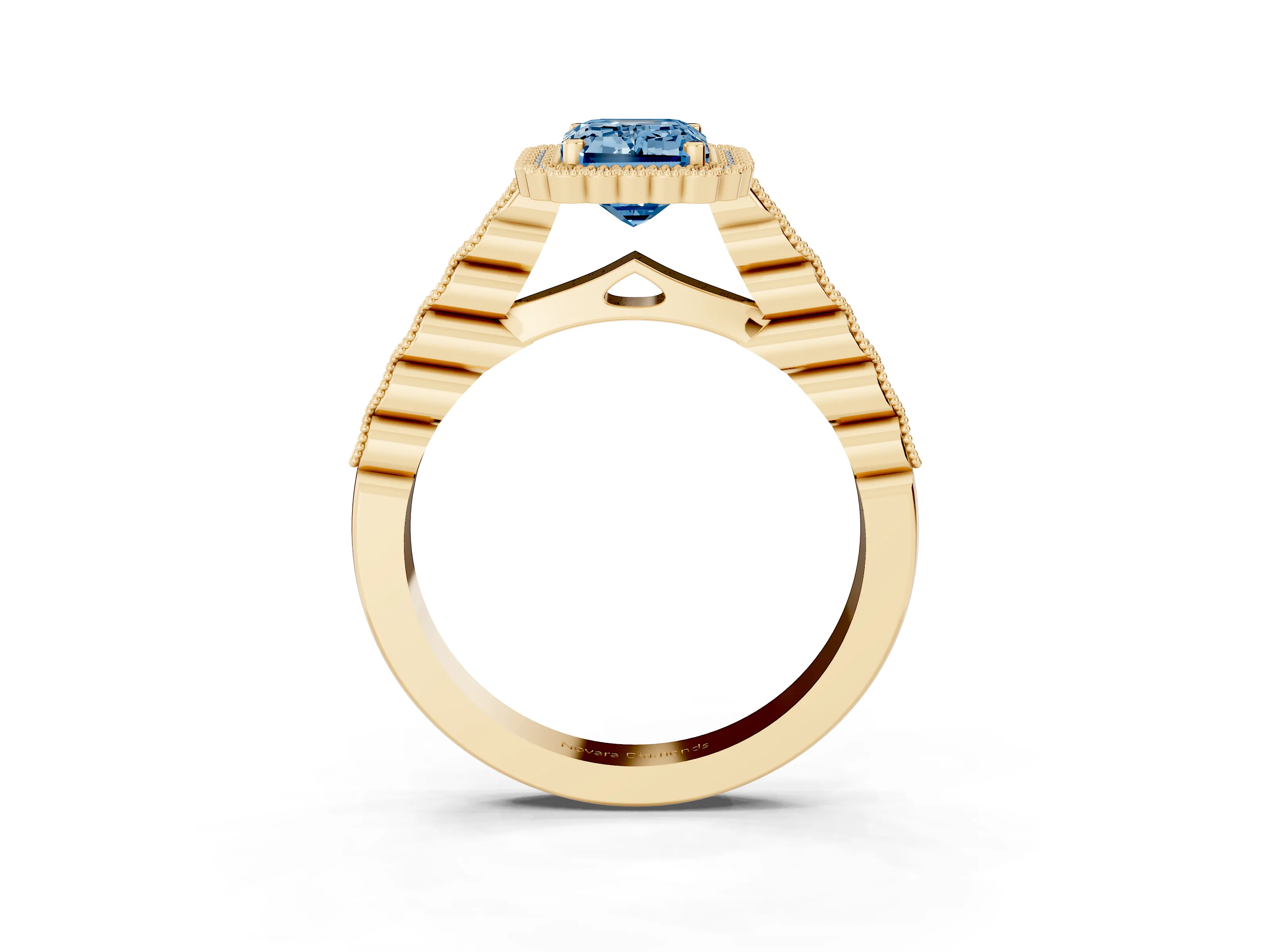 Fancy Blue Emerald Cut Diamond Halo Ring Set in Yellow gold with Pavé Milgrain Band