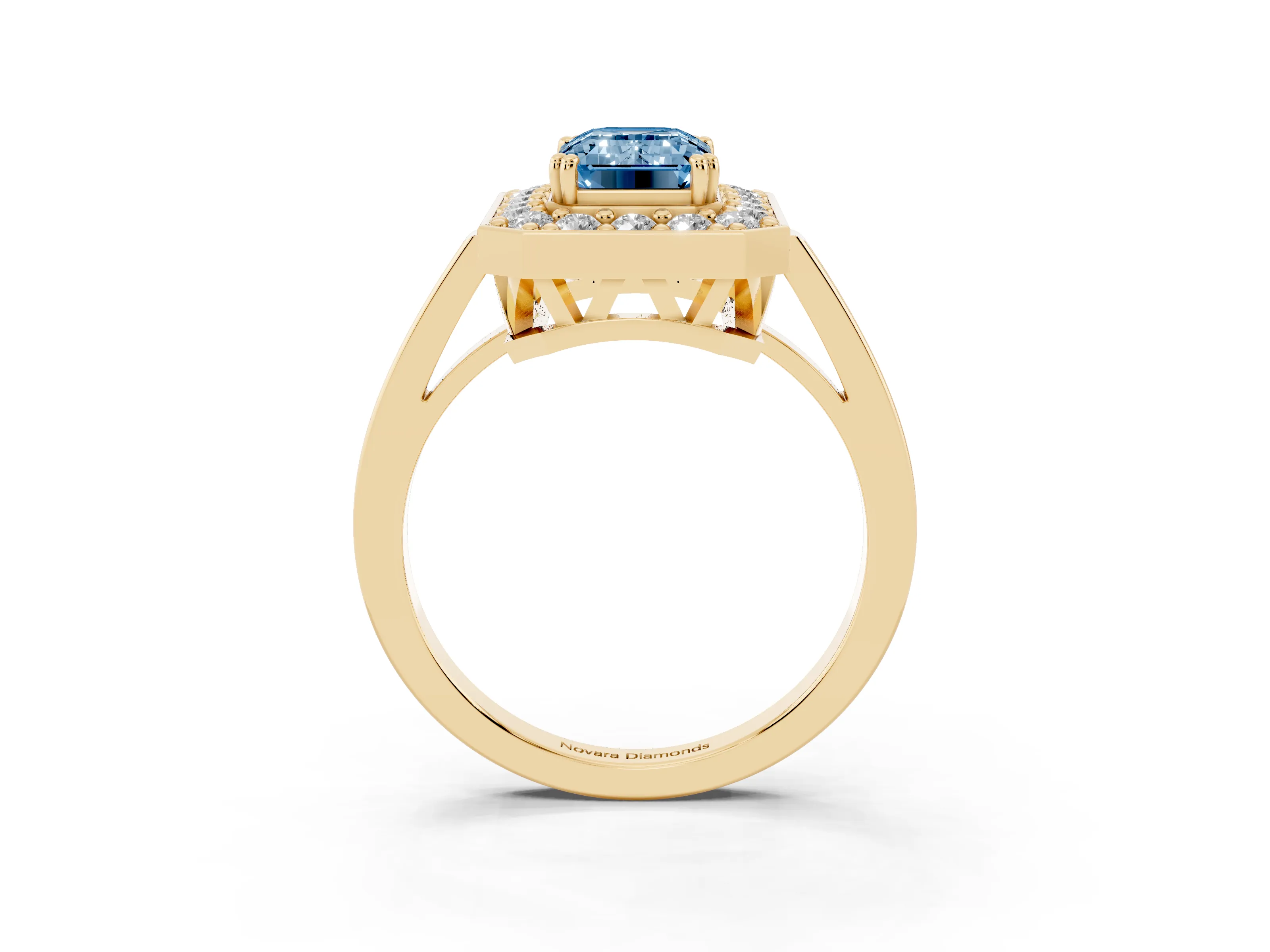Fancy Blue Emerald Cut Diamond Halo Ring Set in Yellow gold with Accent-Lined Split Shank and Prong Setting