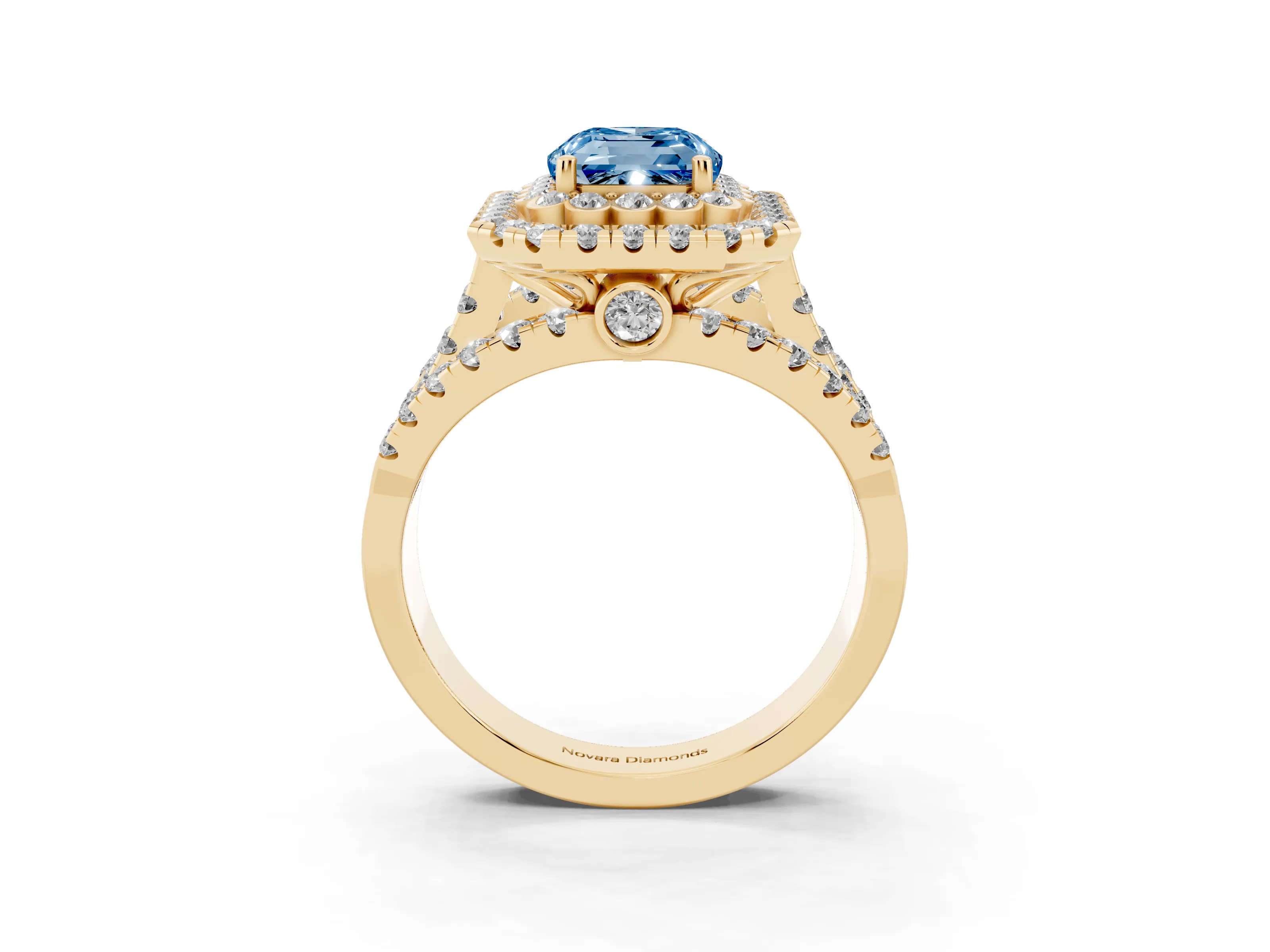 Fancy Blue Emerald Cut Diamond Double Halo Ring Set in Yellow gold with Round Pavé Split Shank