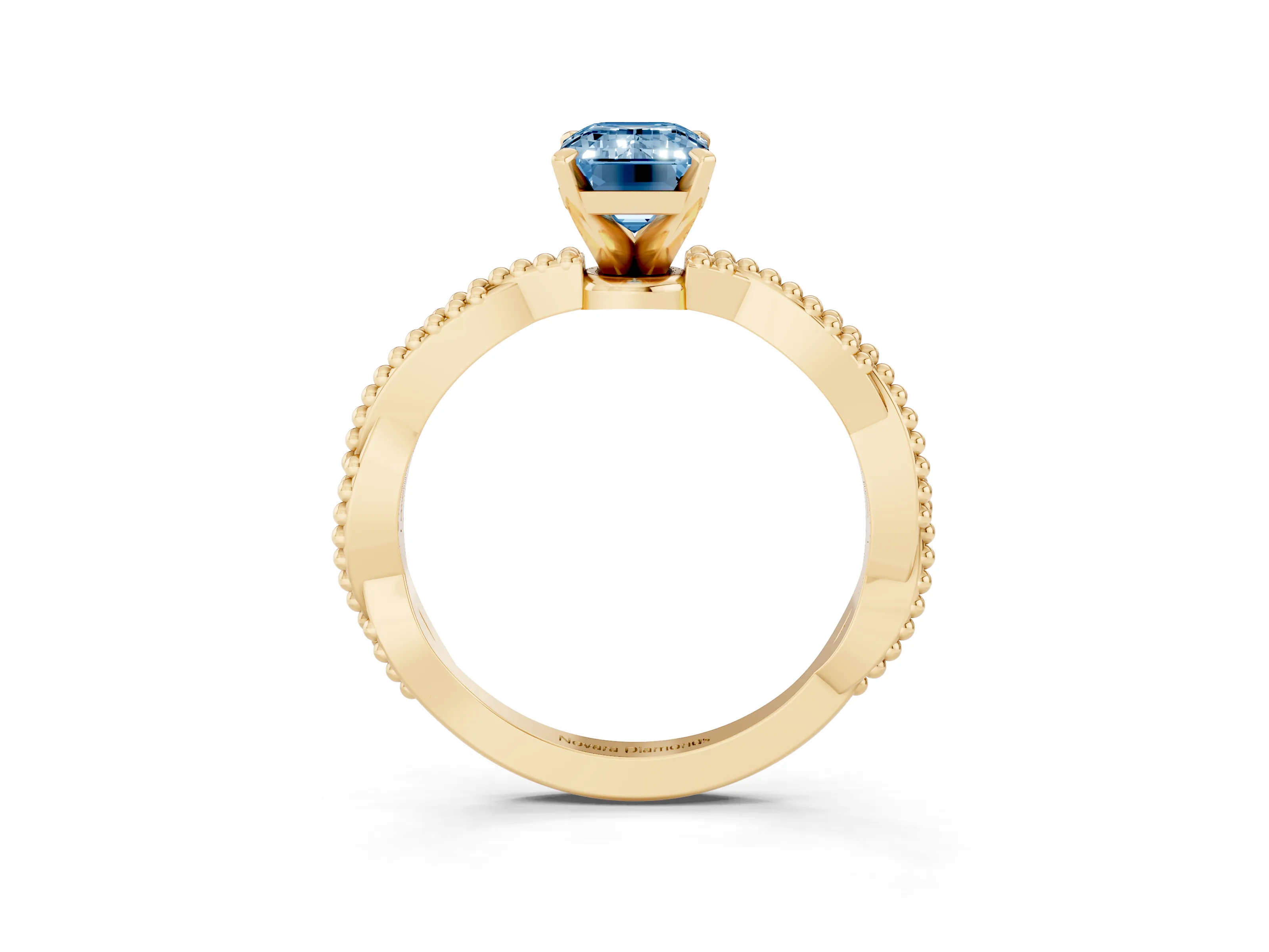 Fancy Blue Emerald Cut Diamond Solitaire Ring Set in Yellow gold with Twisted Band and Bead Prong Setting