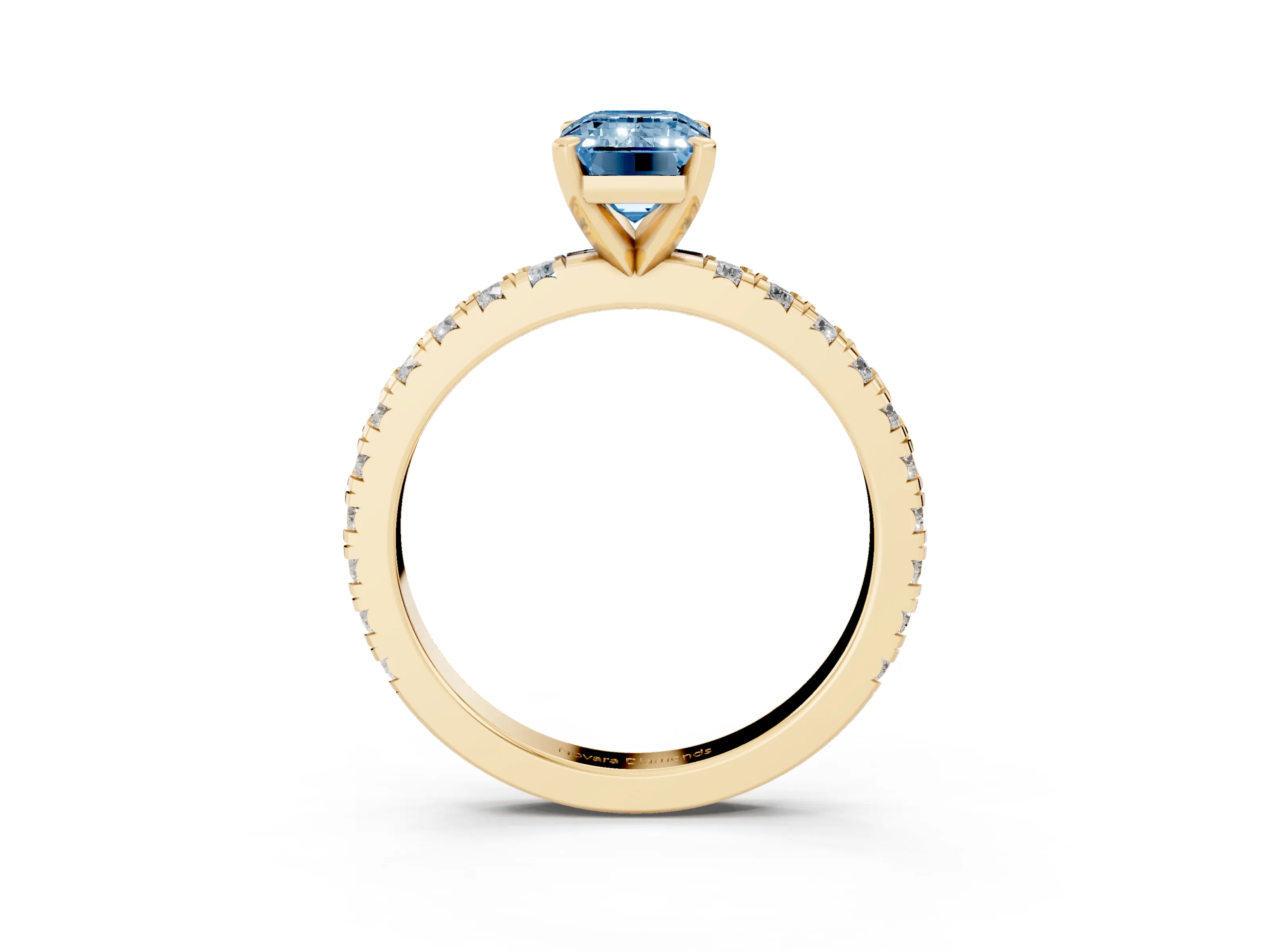 Fancy Blue Emerald Cut Diamond Pavé Band Solitaire Set in Yellow gold with Prong Setting