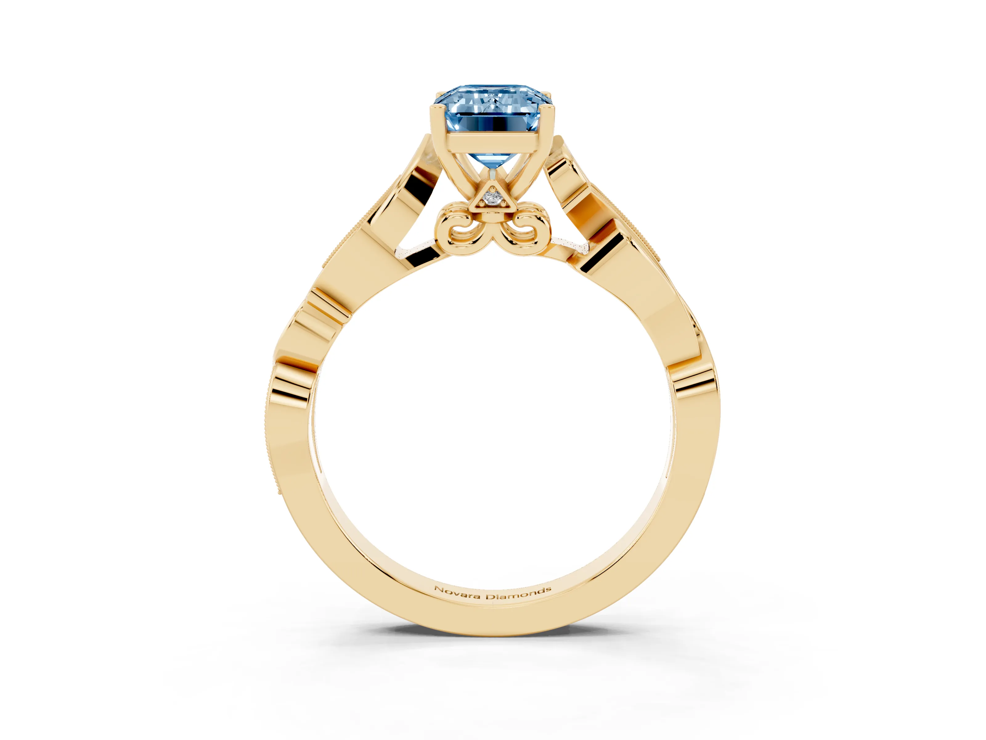 Fancy Blue Emerald Cut Diamond Vine Band Solitaire Ring Set in Yellow gold with Milgrain Prong Setting