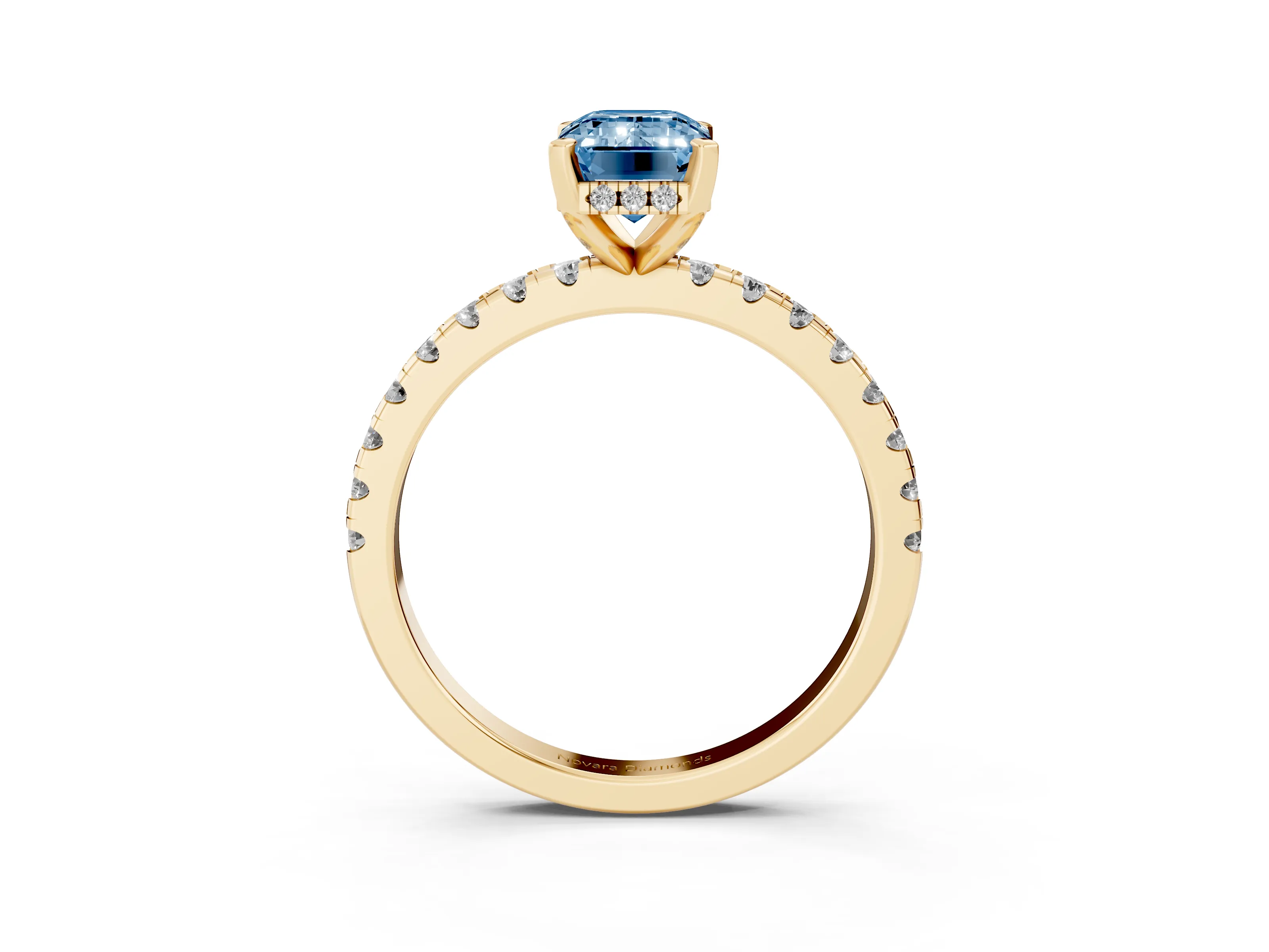 Fancy Blue Emerald Cut Diamond Pavé Solitaire Ring Set in Yellow gold with Round Band Accents and Prong Setting