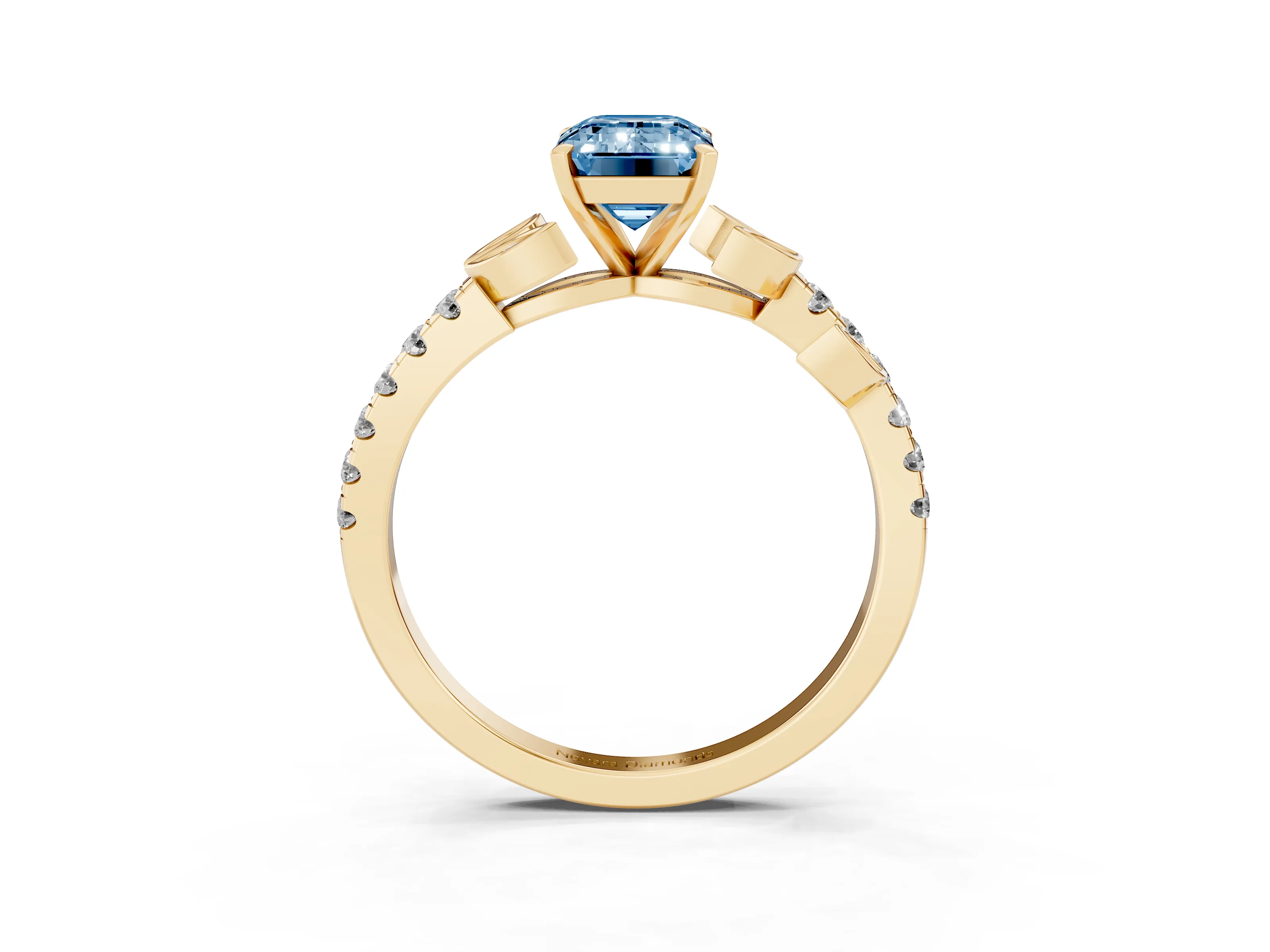 Fancy Blue Emerald Cut Diamond Solitaire Leaf-Inspired Ring Set in Yellow gold with Pavé Band and Prong Setting