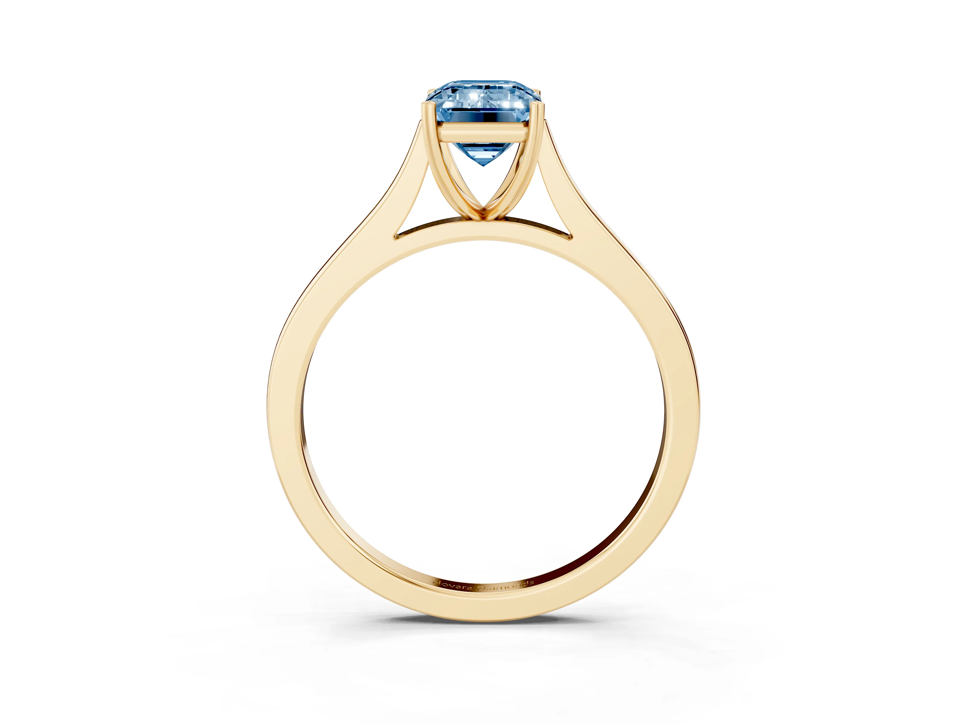 Fancy Blue Emerald Cut Diamond Solitaire Heart Prong Engagement Ring Set in Yellow gold with Tapered Band