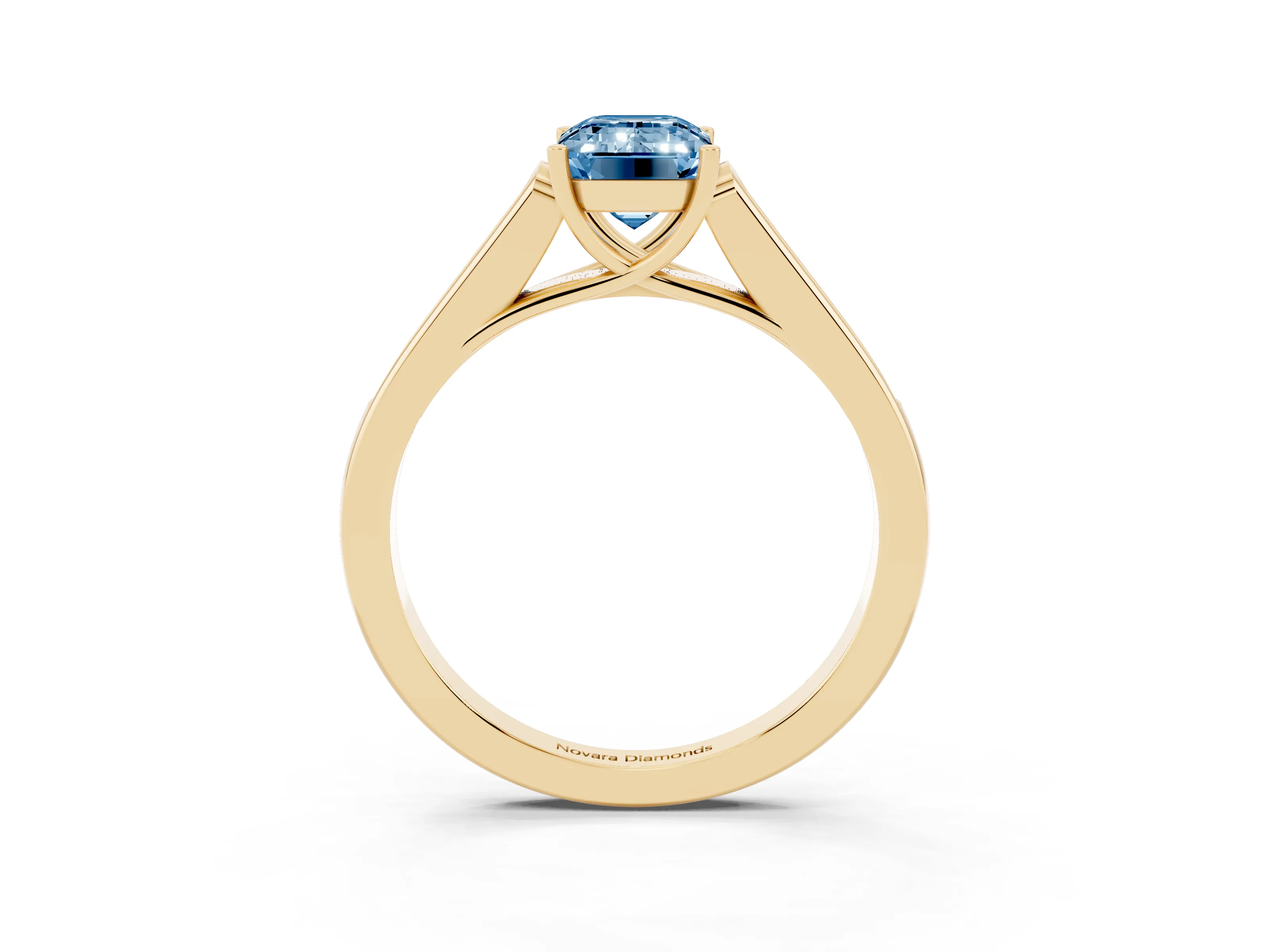 Fancy Blue Emerald Cut Diamond Solitaire Cathedral Engagement Ring Set in Yellow gold with Channel-Set Band and Prong Setting