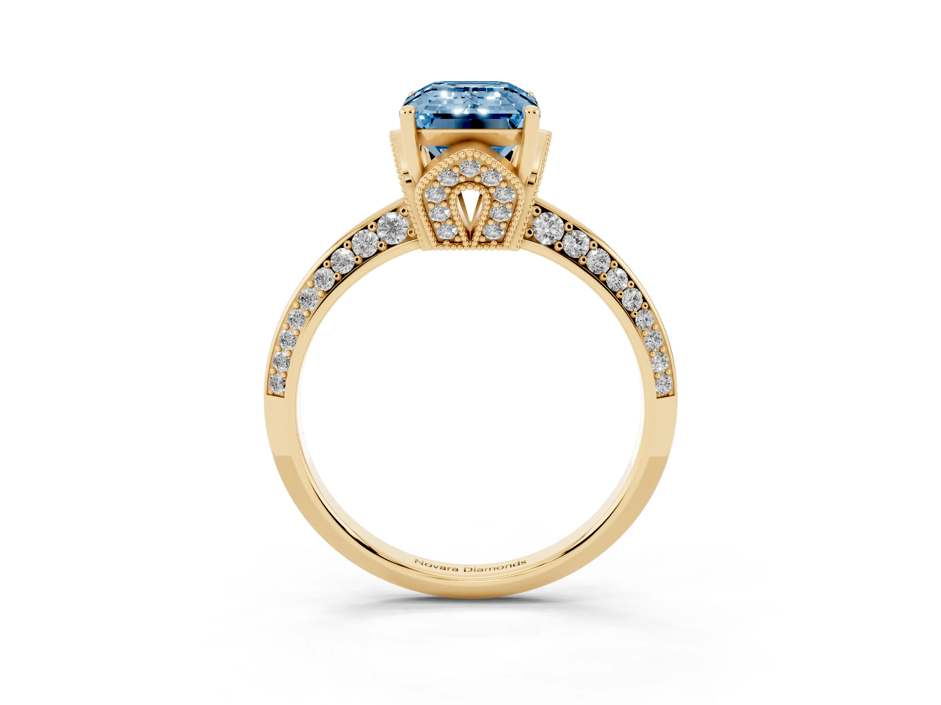 Fancy Blue Emerald Cut Diamond Solitaire Engagement Ring Set in Yellow gold with Pavé Split Shank and Prong Setting