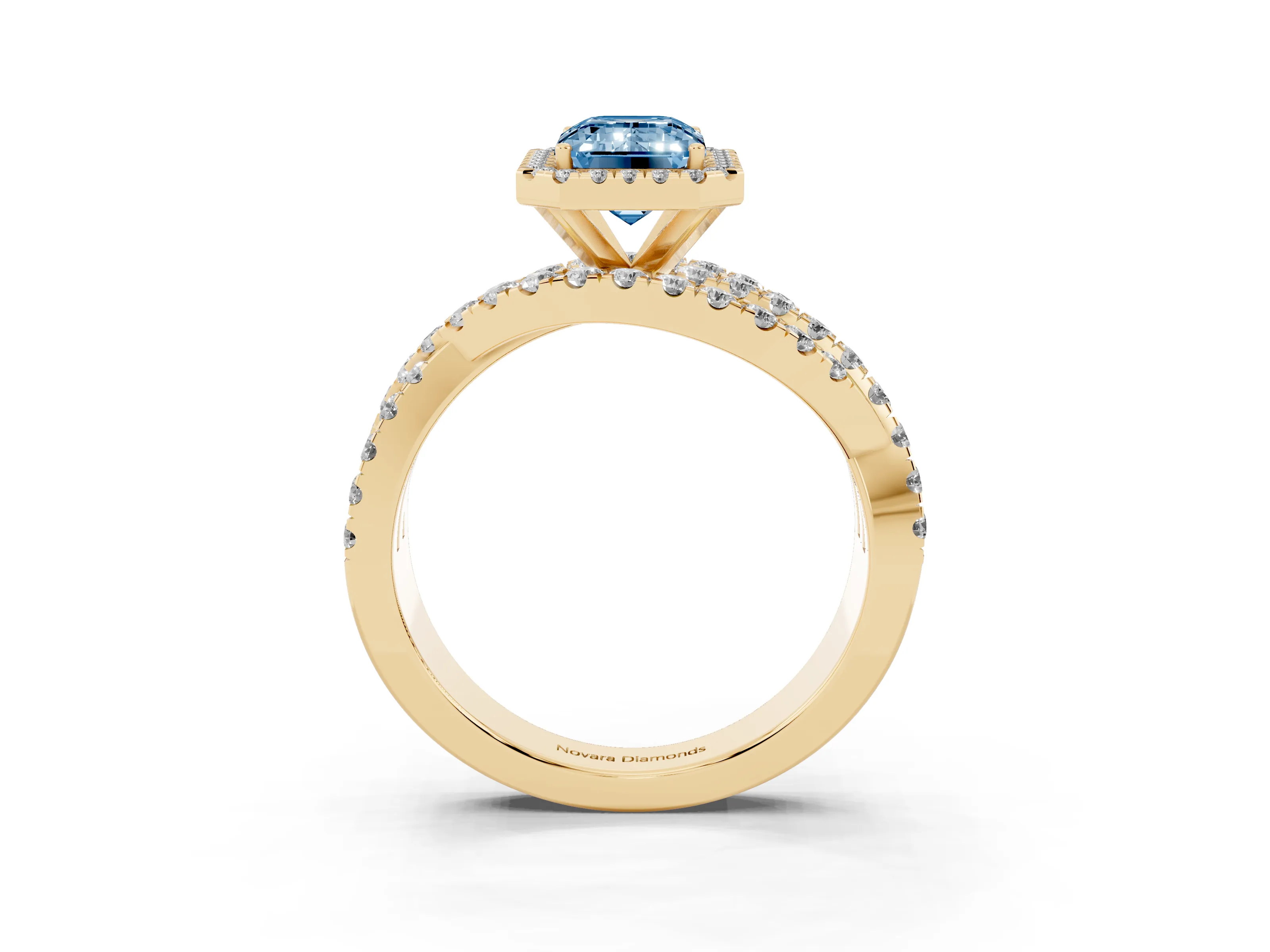 Fancy Blue Emerald Cut Diamond Halo Ring Set in Yellow gold with Round Crossover Split Shank and Prong Setting