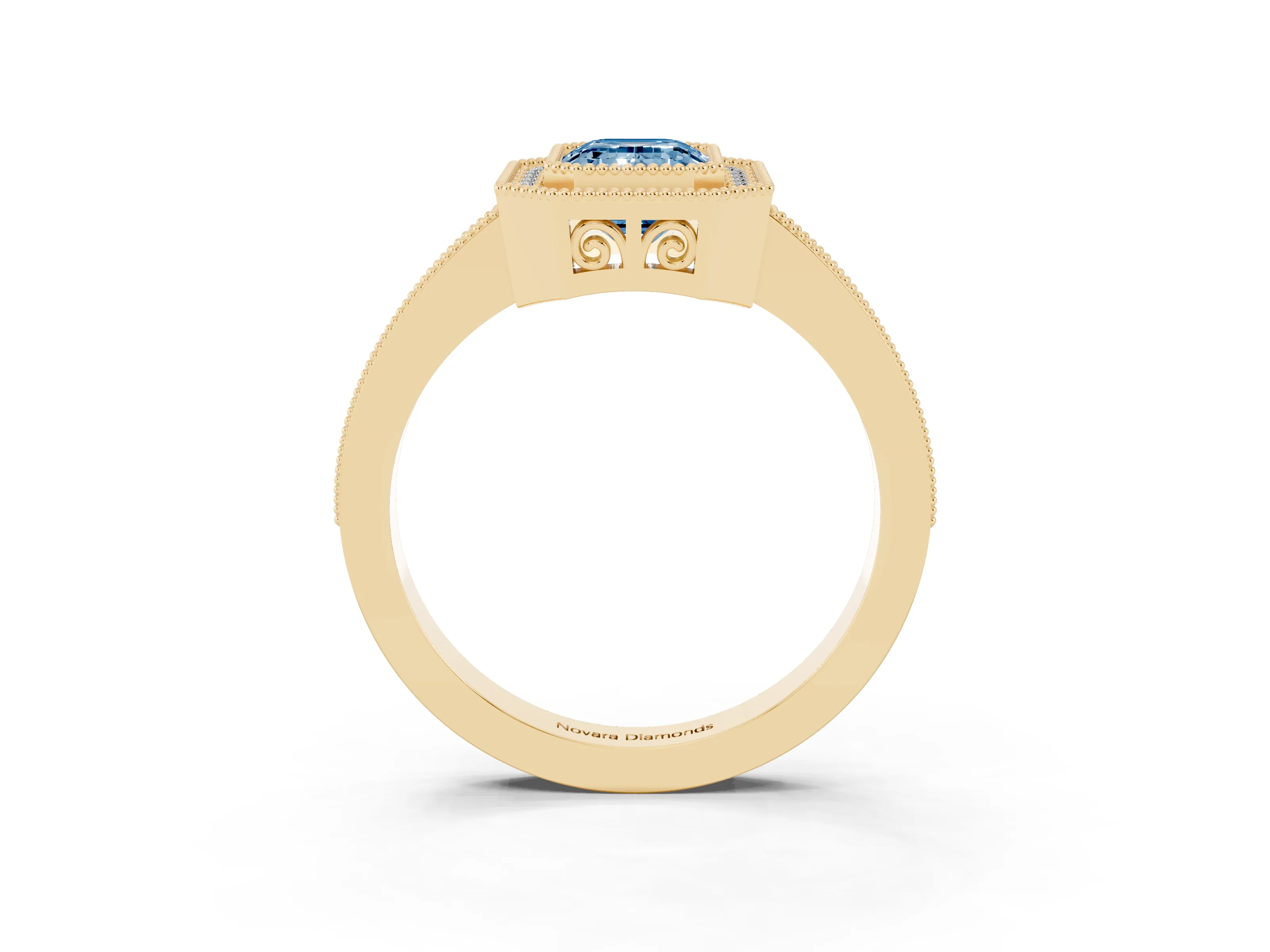 Fancy Blue Emerald Cut Diamond Round Halo Ring Set in Yellow gold with Pavé Band