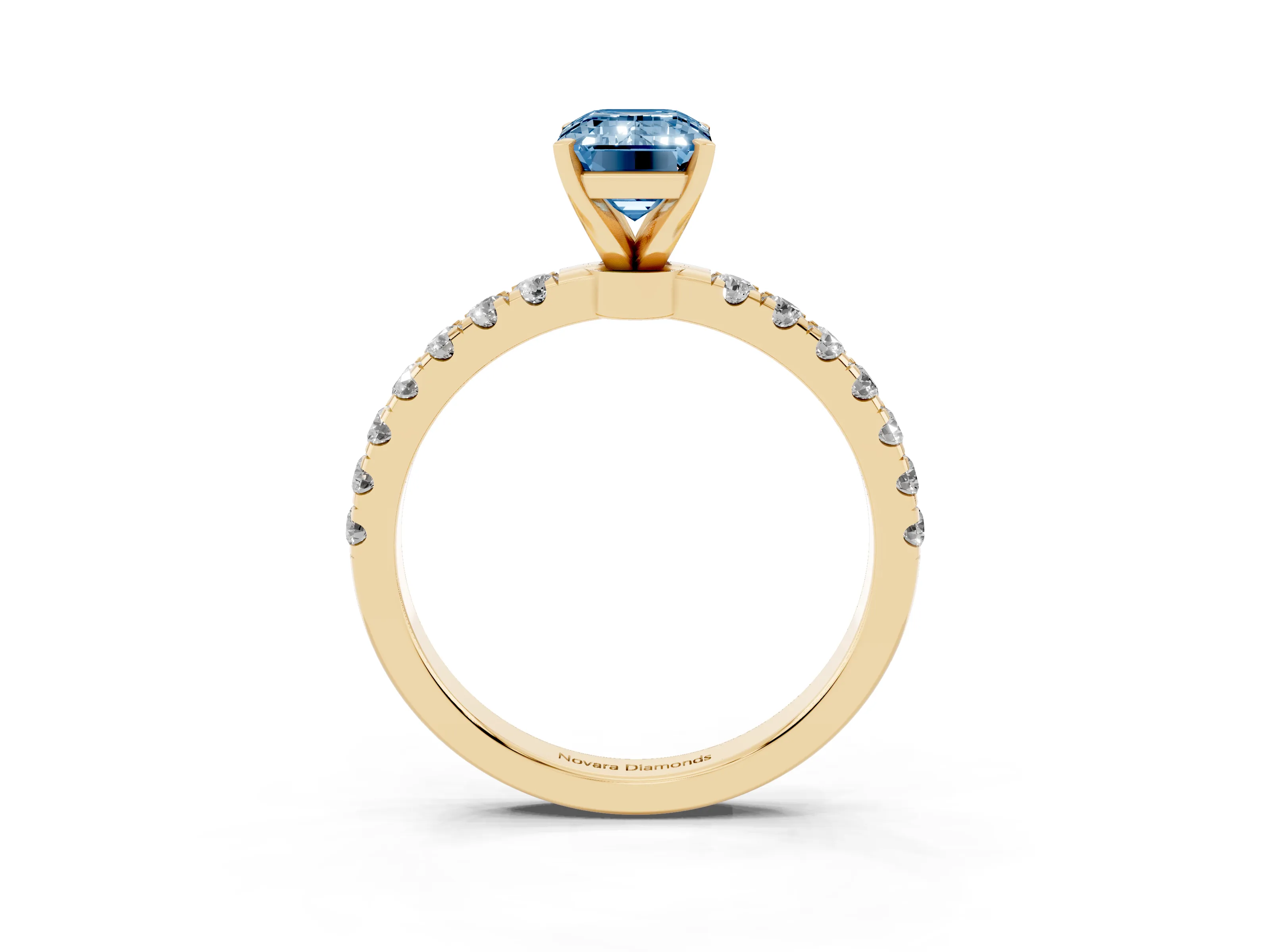 Fancy Blue Emerald Cut Diamond Solitaire Ring Set in Yellow gold with Pavé Accents and Prong Setting