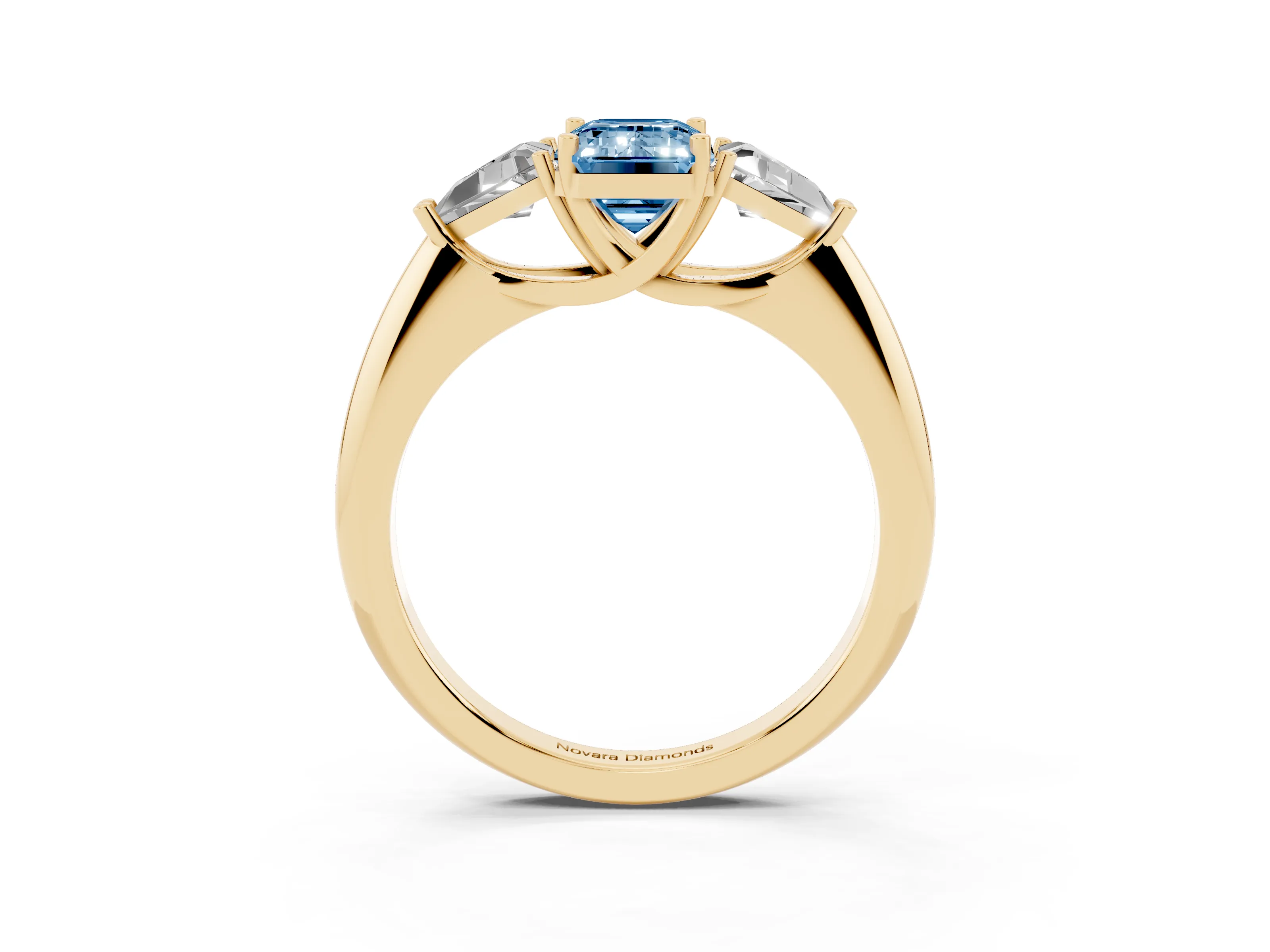 Fancy Blue Emerald Cut Diamond Three-Stone Engagement Ring Set in Yellow gold with Trillion Side Stones