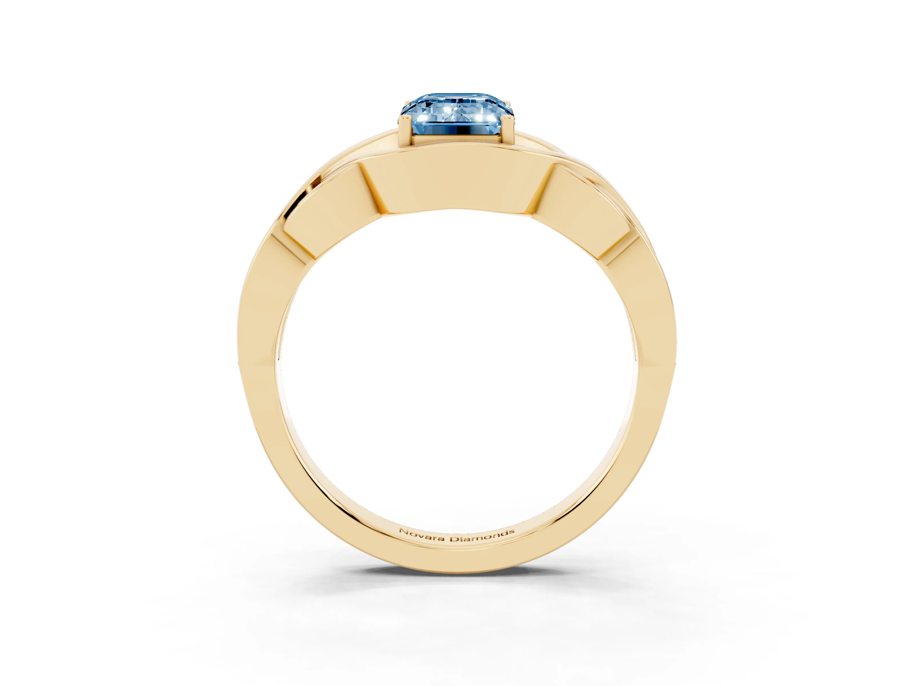 Fancy Blue Emerald Cut Diamond Solitaire Ring Set in Yellow gold with Intertwined Band