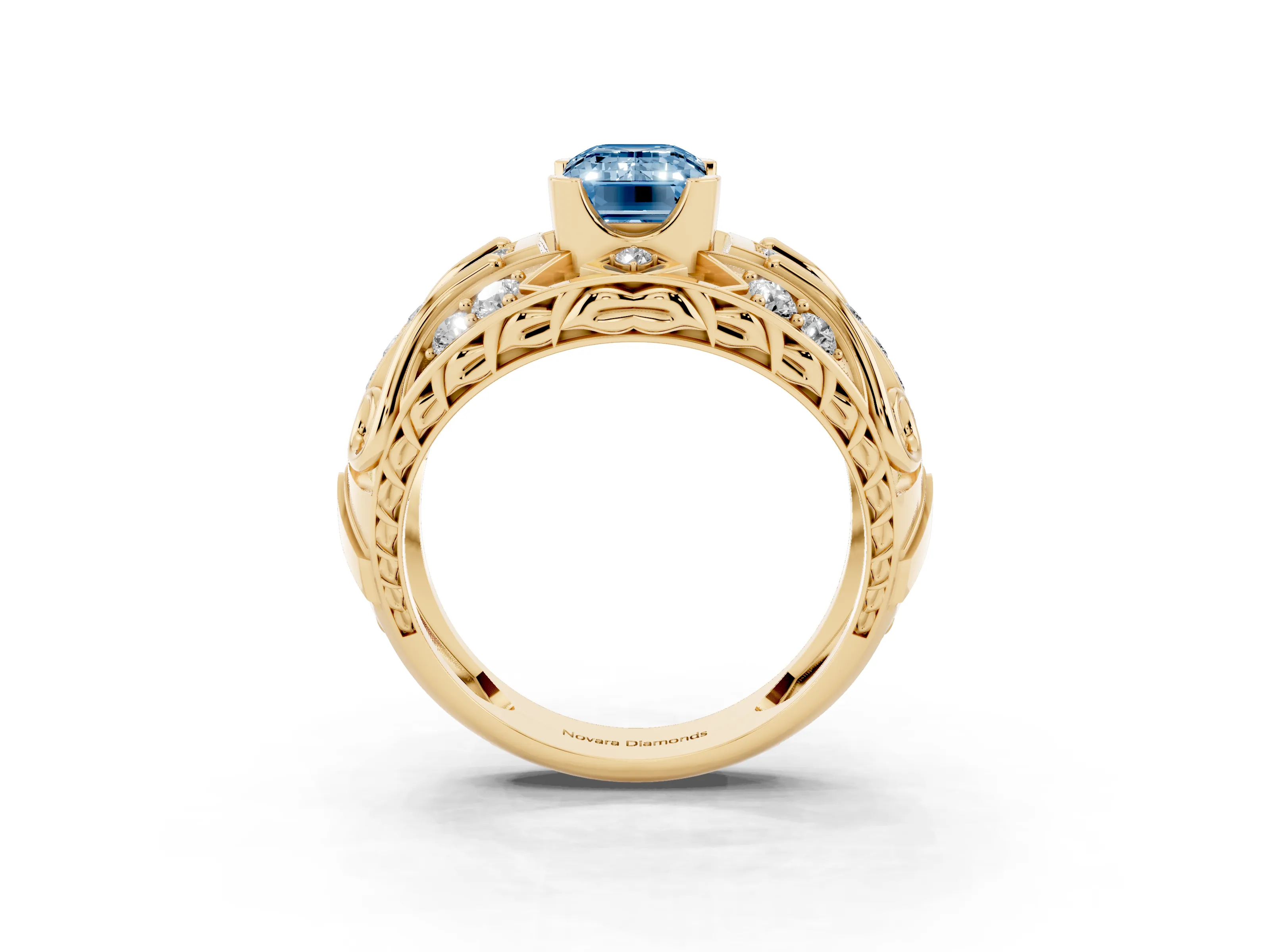 Fancy Blue Emerald Cut Diamond Art Deco Ring Set in Yellow gold with Pavé Split Shank