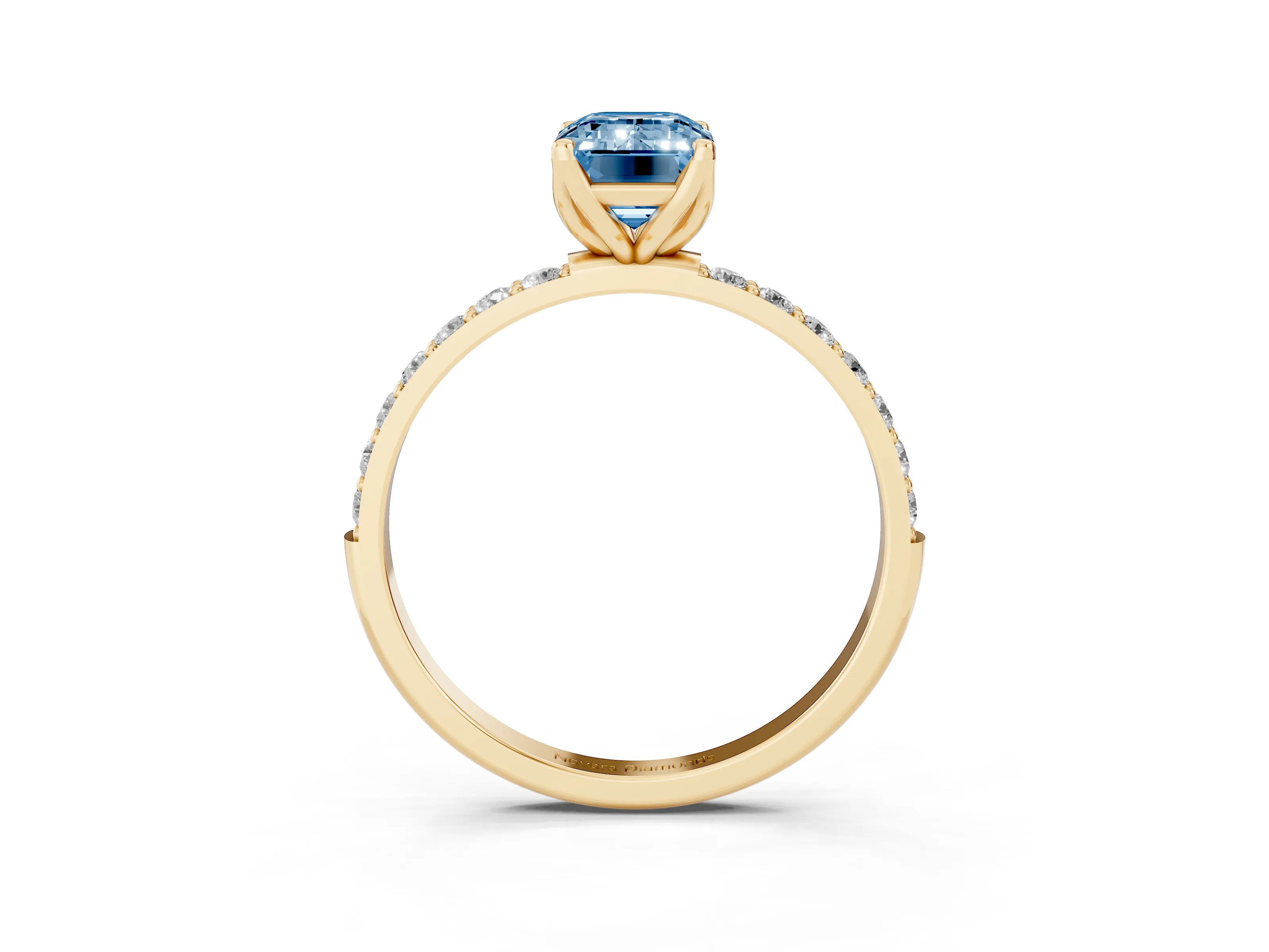 Fancy Blue Emerald Cut Diamond Solitaire Engagement Ring Set in Yellow gold with Round Pavé Band and Prong Setting