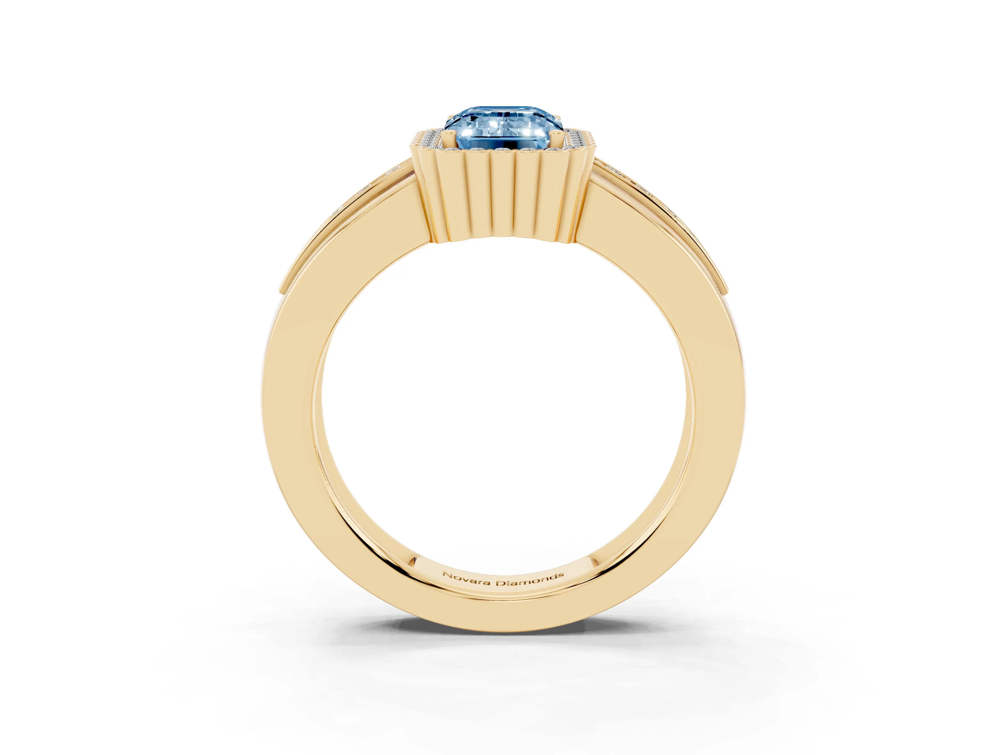 Fancy Blue Emerald Cut Diamond Halo Prong Ring Set in Yellow gold with Pavé Band