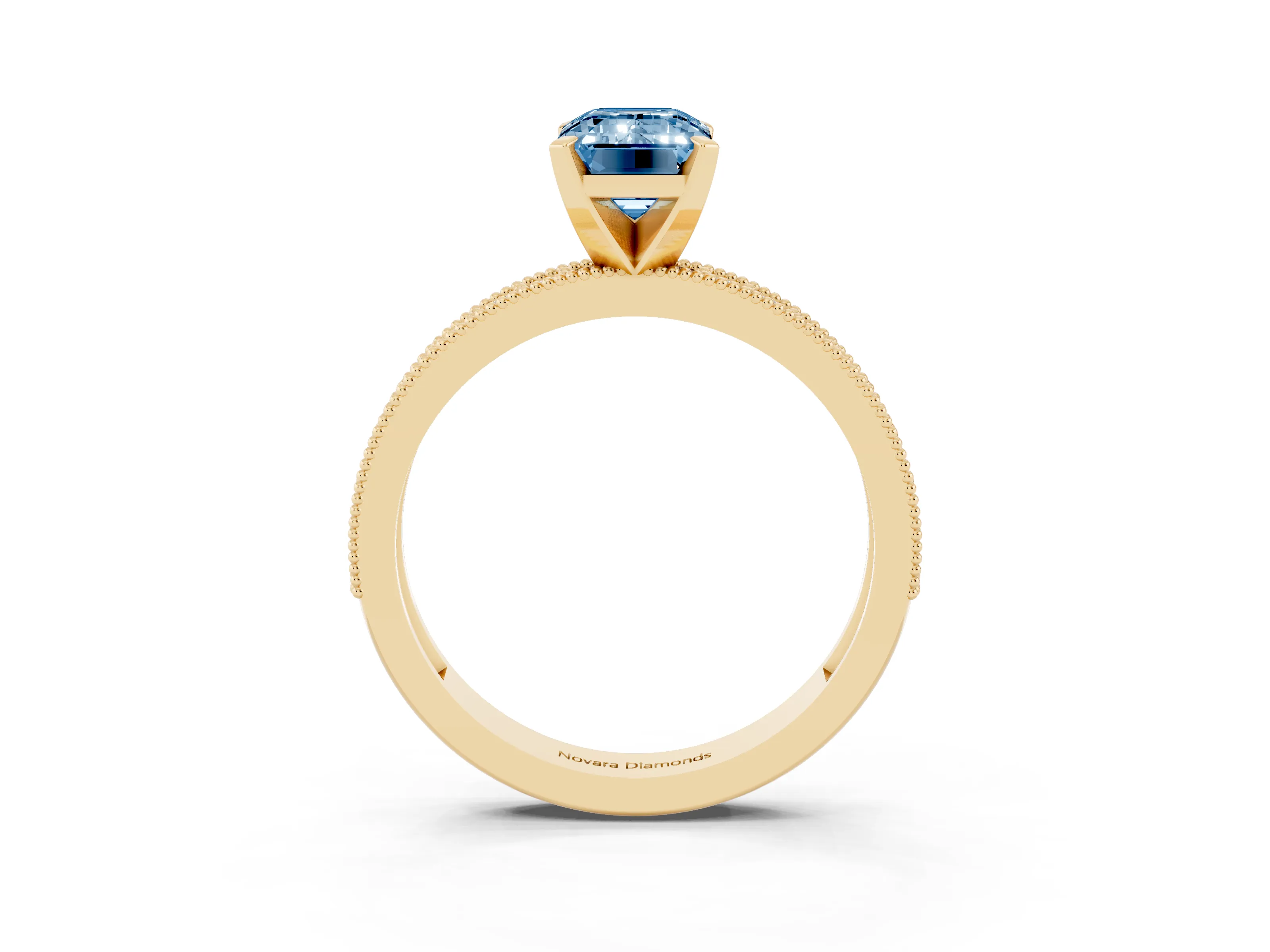 Fancy Blue Emerald Cut Diamond Milgrain Pavé Engagement Ring Set in Yellow gold with Prong Setting
