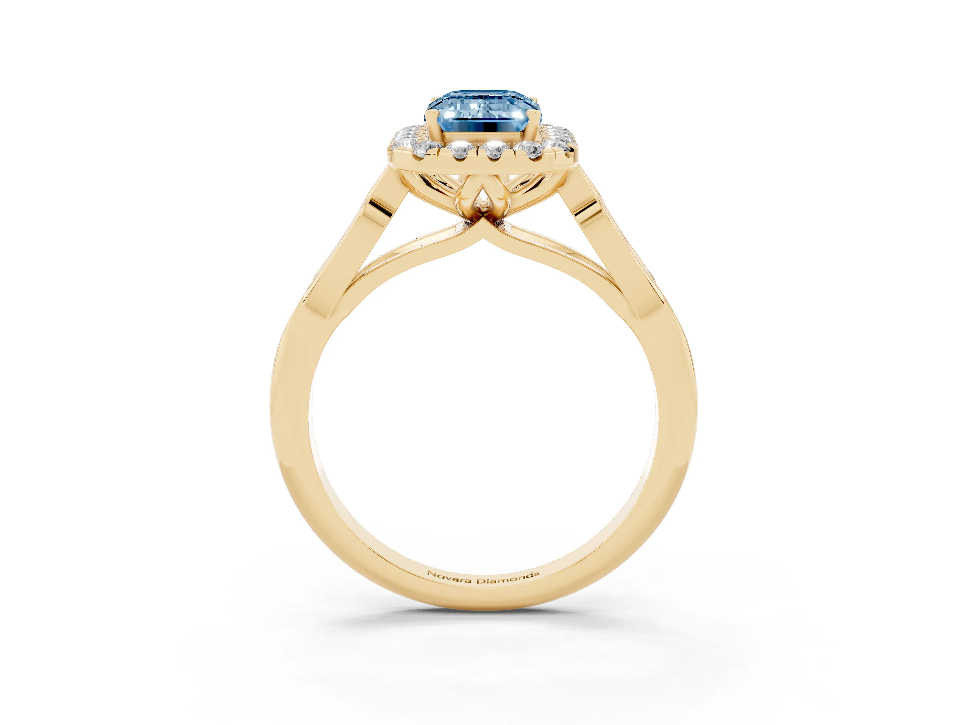 Fancy Blue Emerald Cut Diamond Halo Engagement Ring Set in Yellow gold with Filigree Band and Prong-Set Center