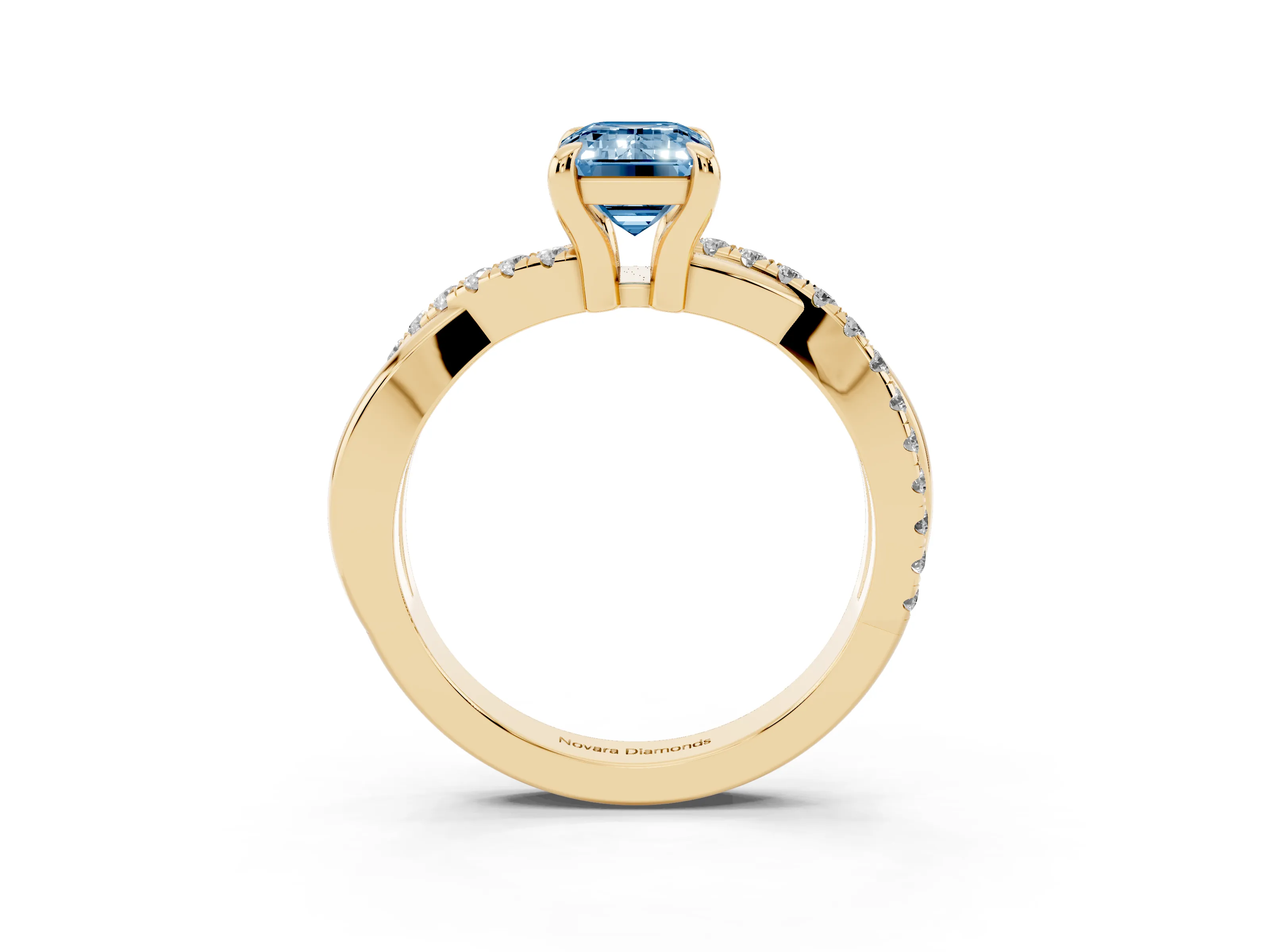 Fancy Blue Emerald Cut Diamond Twist Band Pavé Solitaire Ring Set in Yellow gold with Prong Setting