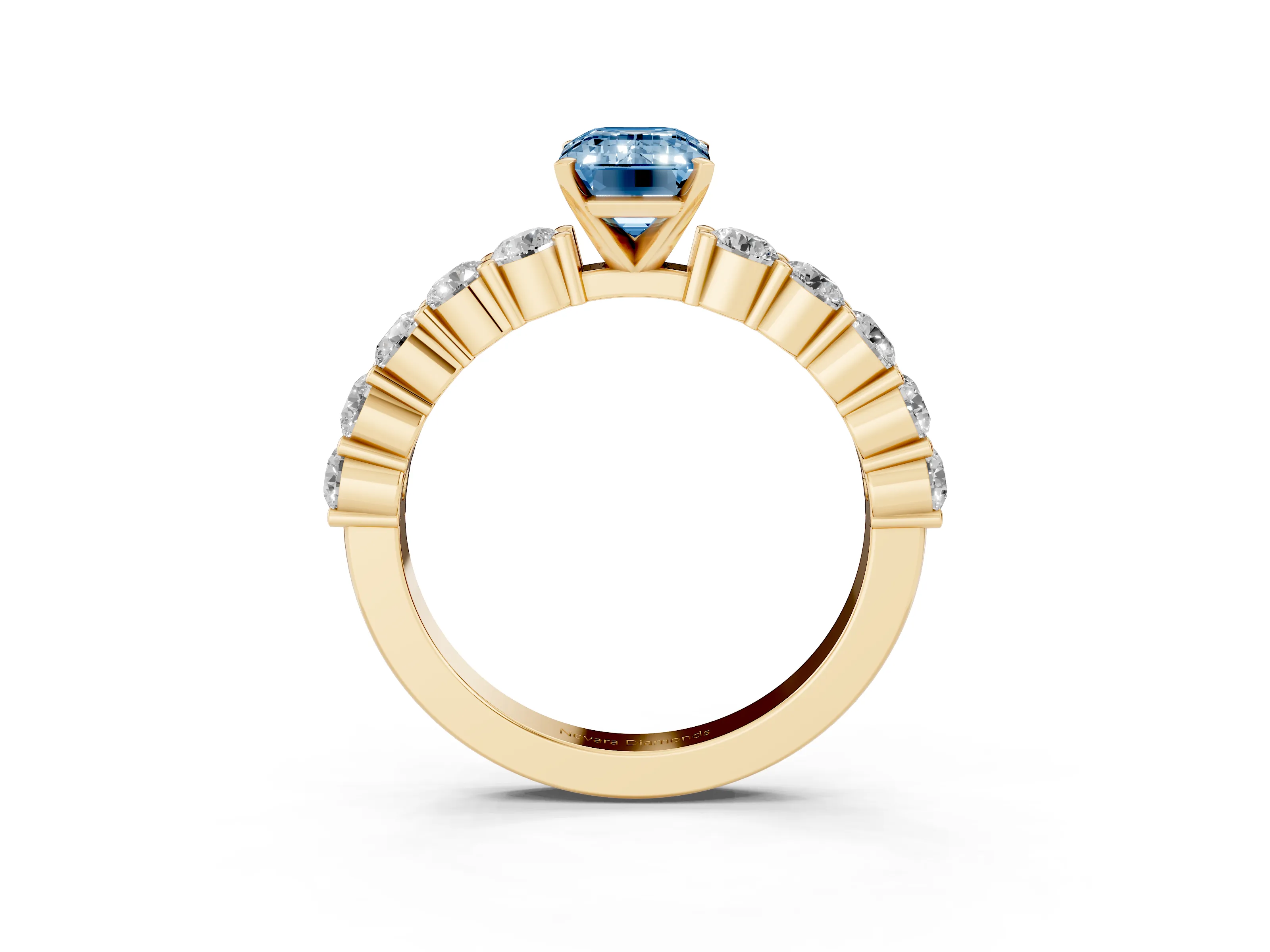 Fancy Blue Emerald Cut Diamond Solitaire Ring Set in Yellow gold with Shared Prong Round Side Stones