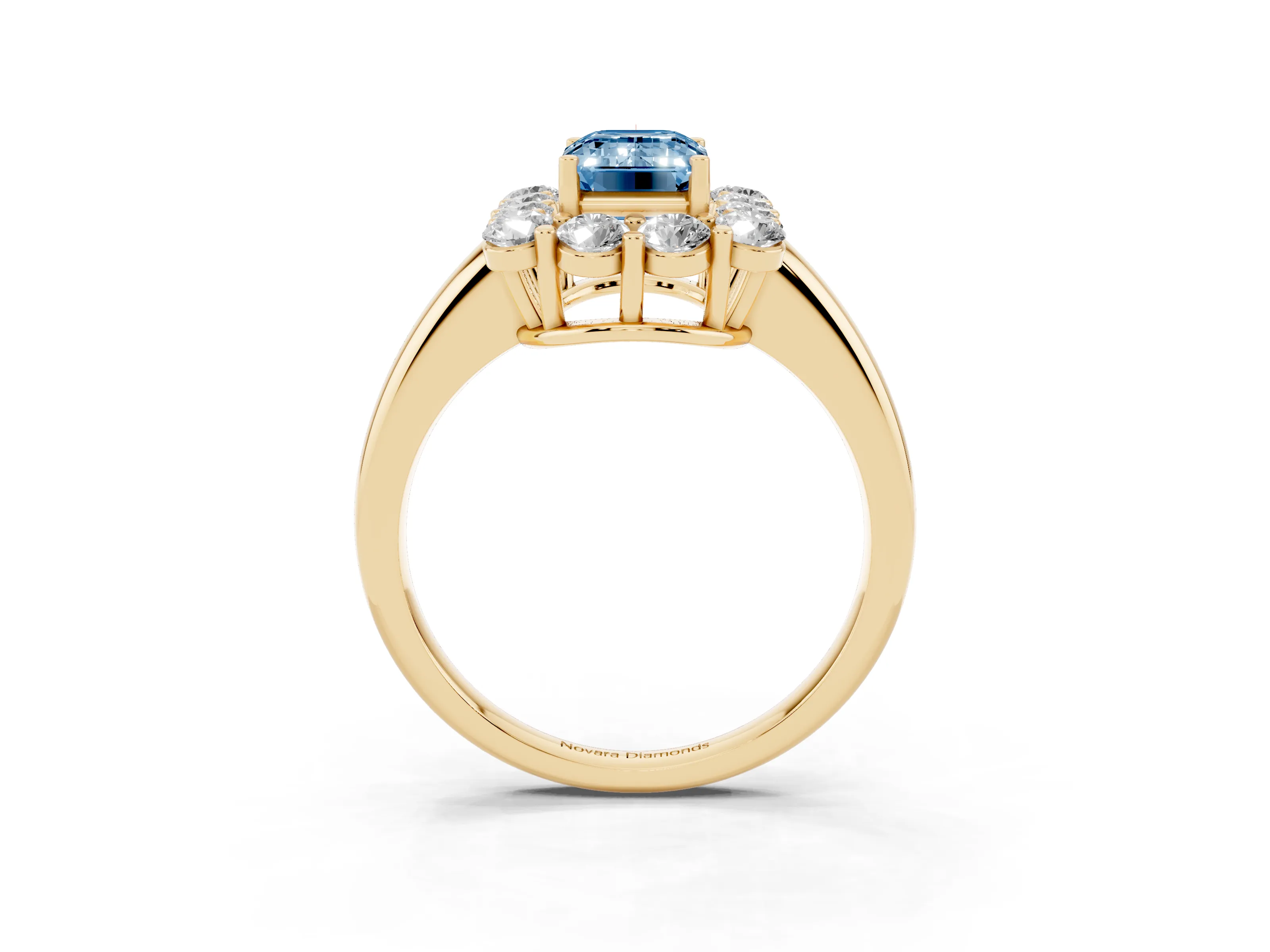 Fancy Blue Emerald Cut Diamond Halo Cluster Engagement Ring Set in Yellow gold with Polished Band and Prong Setting