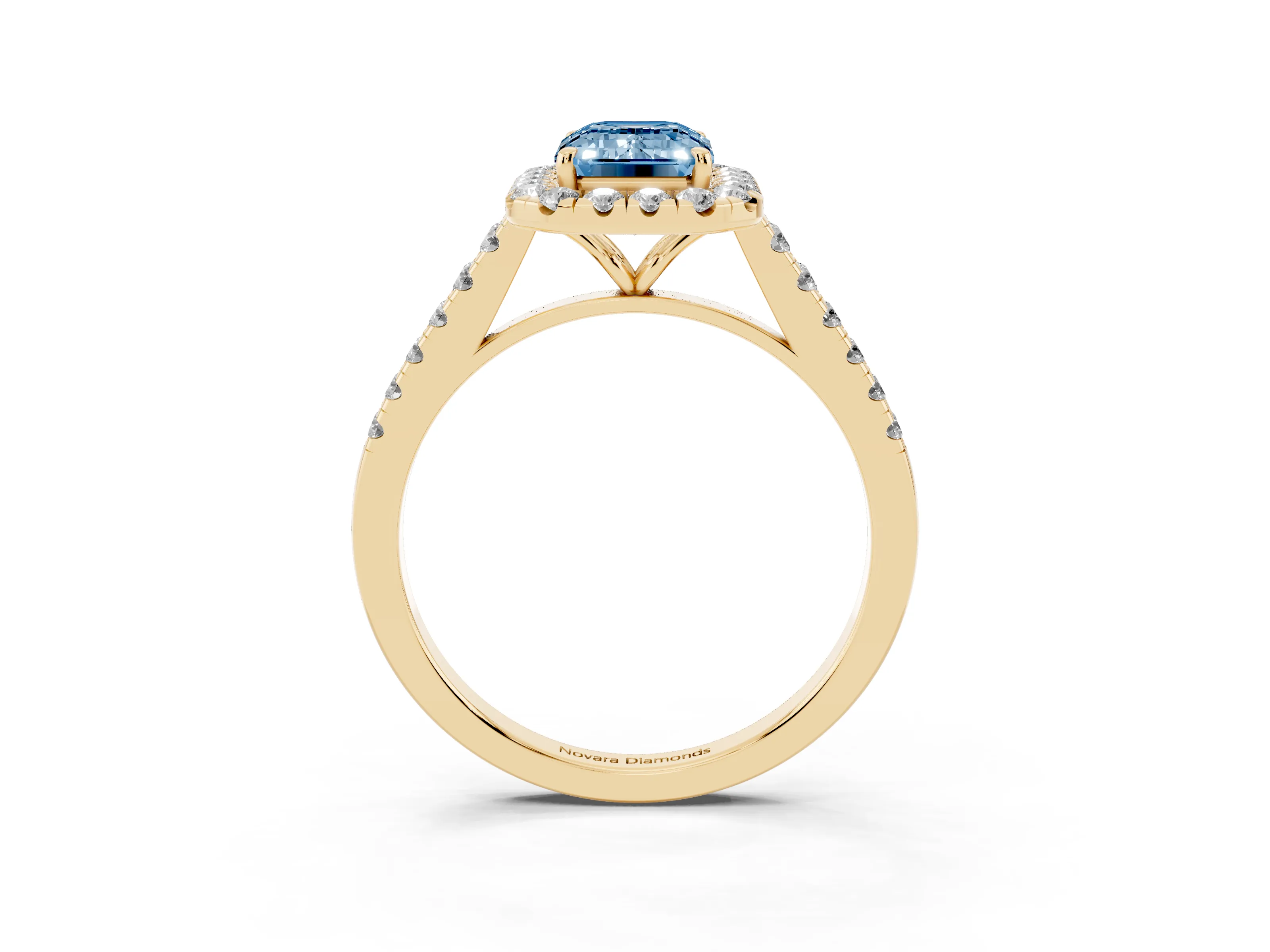 Fancy Blue Emerald Cut Diamond Halo Pavé Engagement Ring Set in Yellow gold with Prong Setting